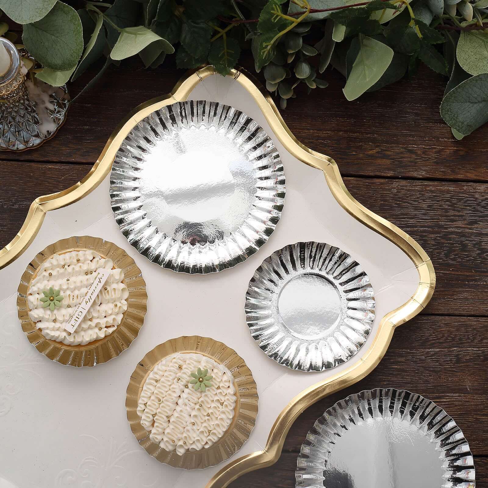 50-Pack Paper 5" Round Dessert Plates in Metallic Silver with Scalloped Rim - Disposable 250GSM Appetizer Party Plates