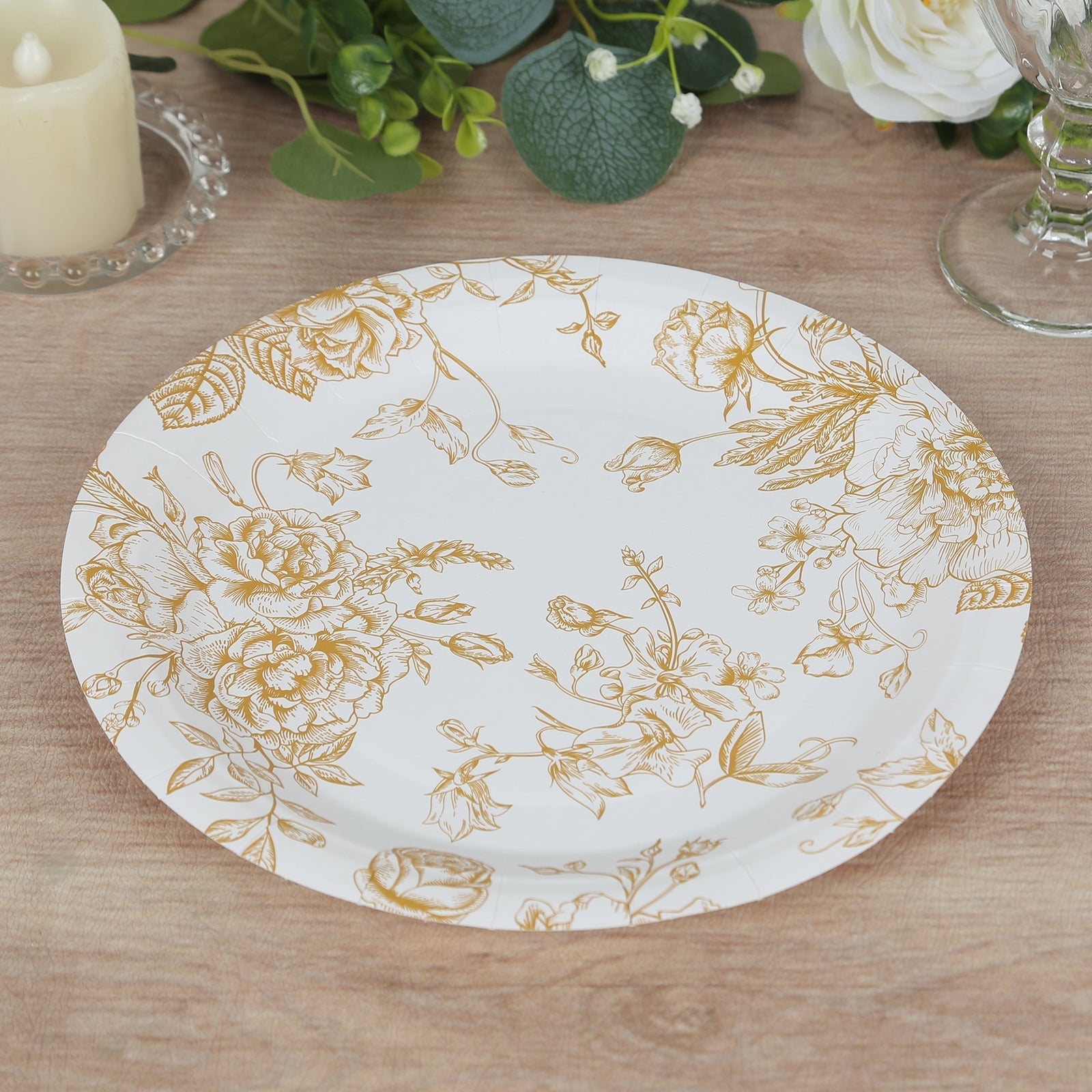 25-Pack Paper 9" Round Dinner Plates in White with Gold French Toile Pattern - Disposable Floral Party Plates for Stylish Events