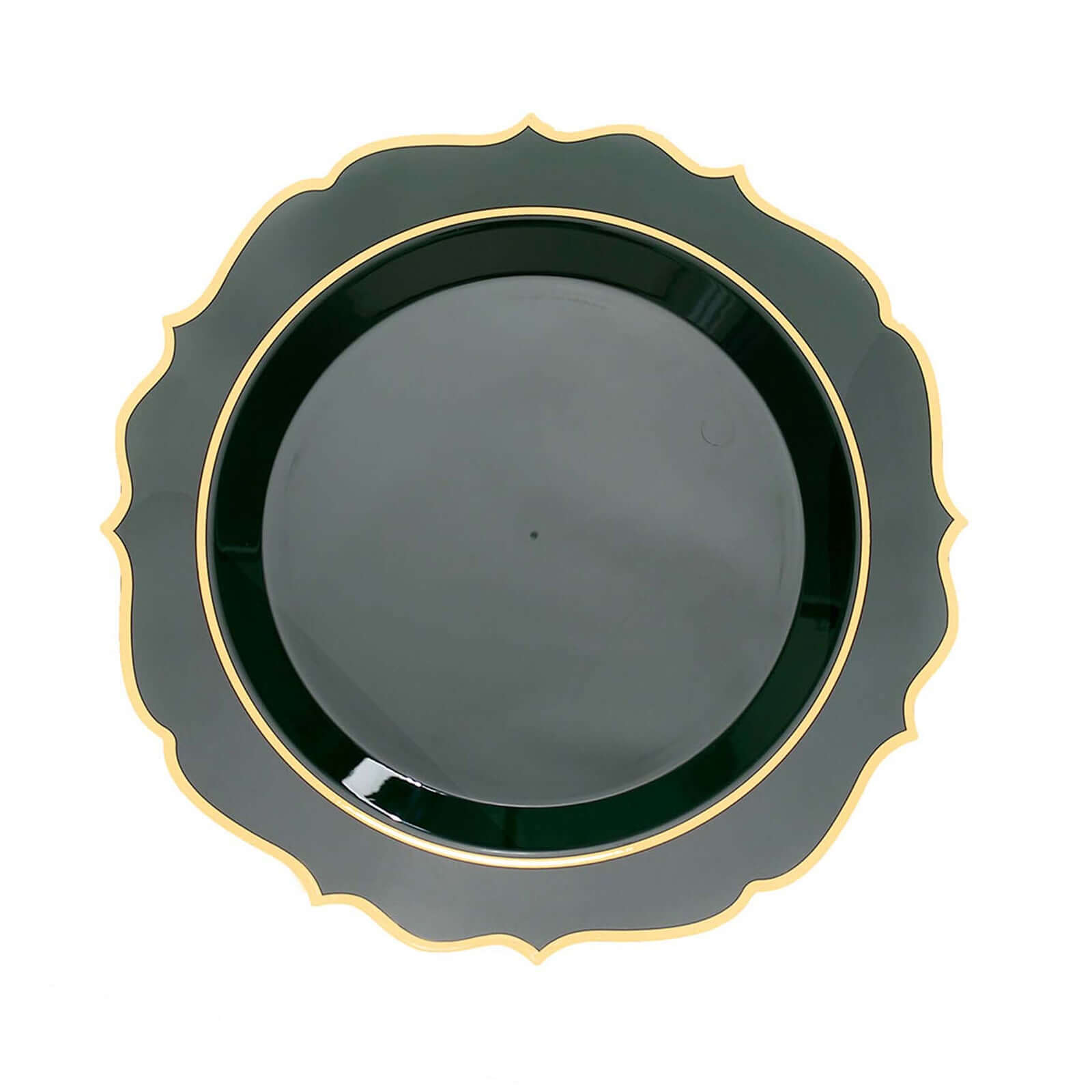 10-Pack Plastic 8" Round Desert Plates in Hunter Emerald Green with Gold Scalloped Rim - Disposable Appetizer/Salad Plates