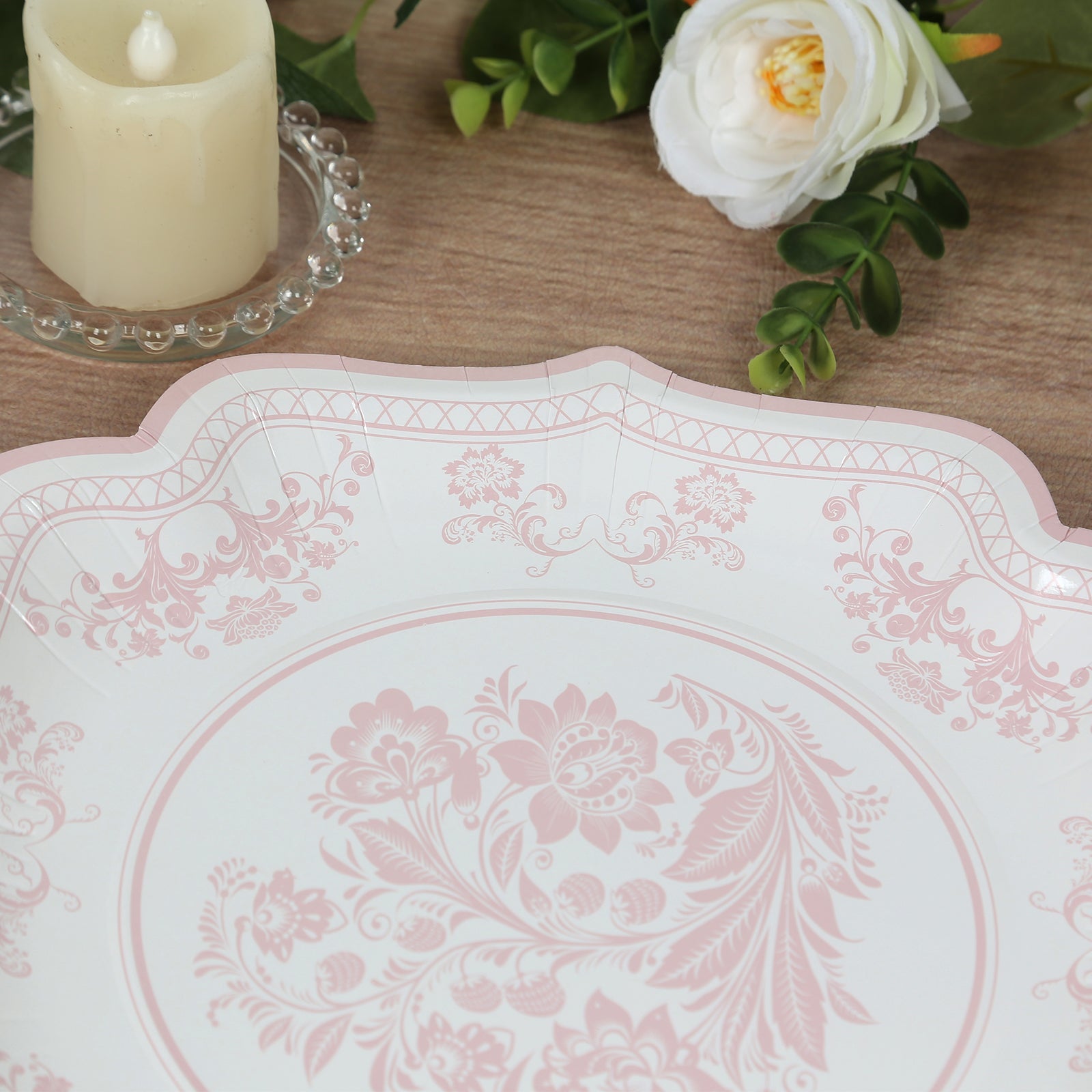 25-Pack Paper Dessert Plates in White with Pink Damask Floral Print & Scallop Rim - Stylish Disposable 300GSM Floral Salad Appetizer Plates 8"