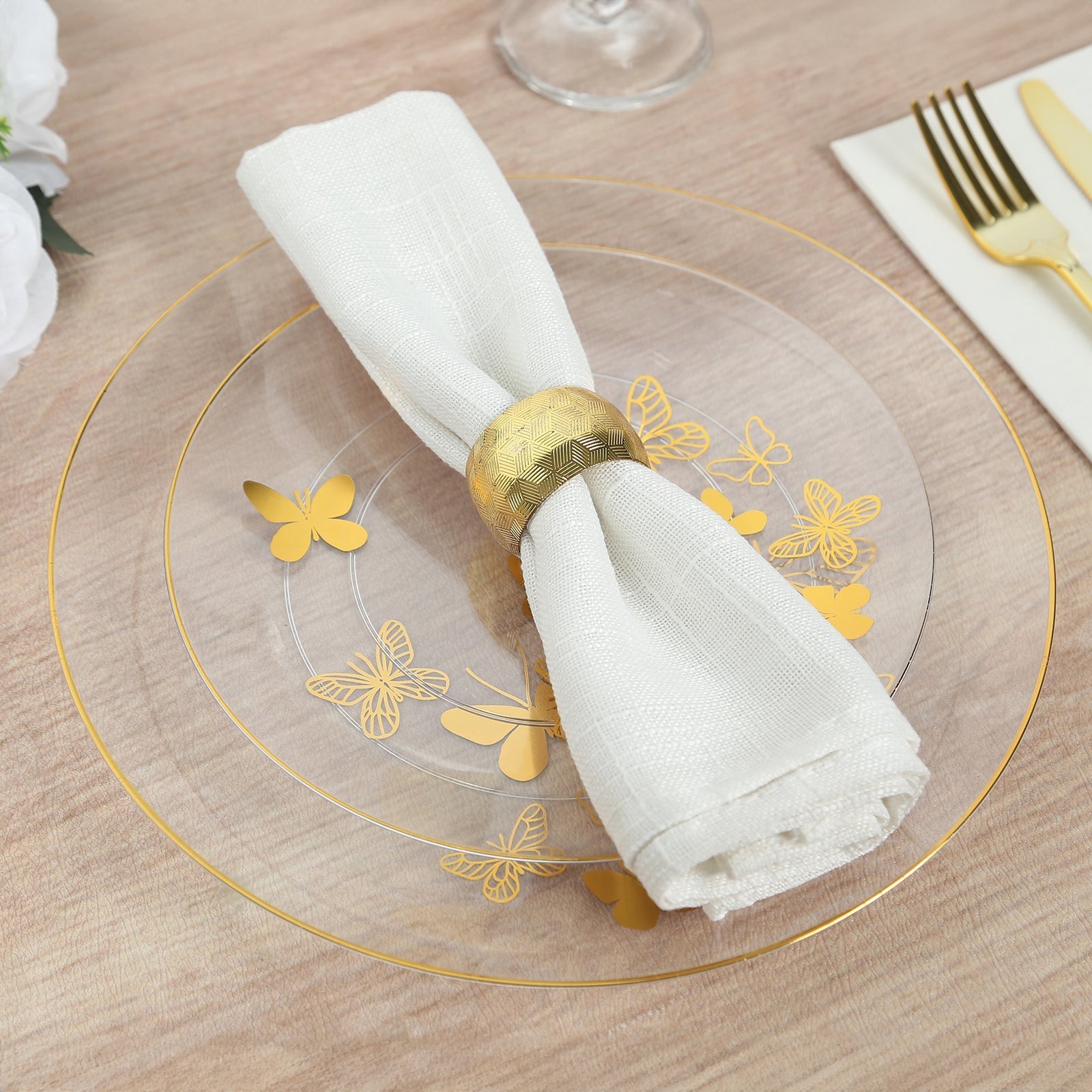 Set of 20 Plastic Round Dinner and Salad Plates in Clear with Gold Butterfly Design & Gold Rim - Stylish Disposable Dinnerware 8", 10"