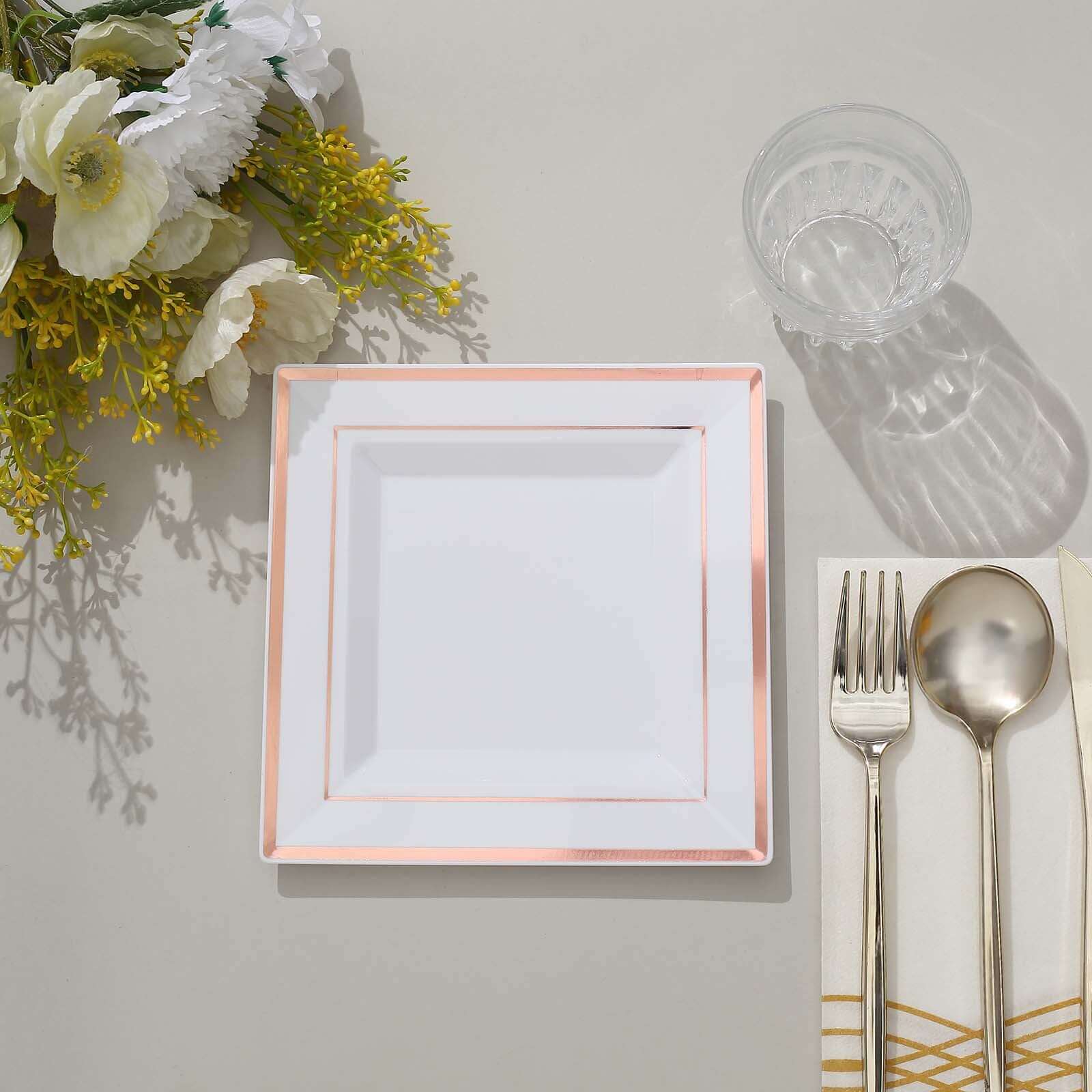 10-Pack Plastic Salad Dessert Plates White Square with Rose Gold Trim - Durable Disposable Appetizer Plates 7"