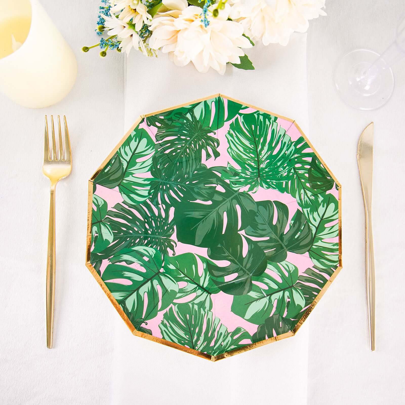 25-Pack Paper 9" Decagon Dinner Plates in Pink with Green Tropical Palm Leaves & Gold Rim - Disposable Geometric Party Plates for Luau & Summer Gatherings