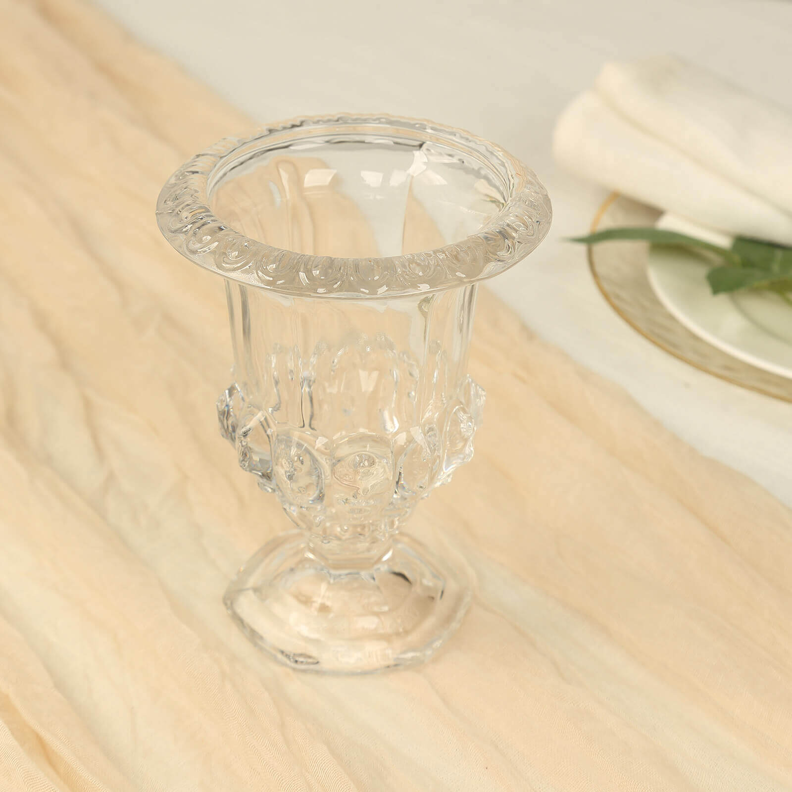 2-Pack Glass Mini Pedestal Flower Vases in Classic Roman Urn Style Clear - Sophisticated Wedding Table Centerpieces 8"