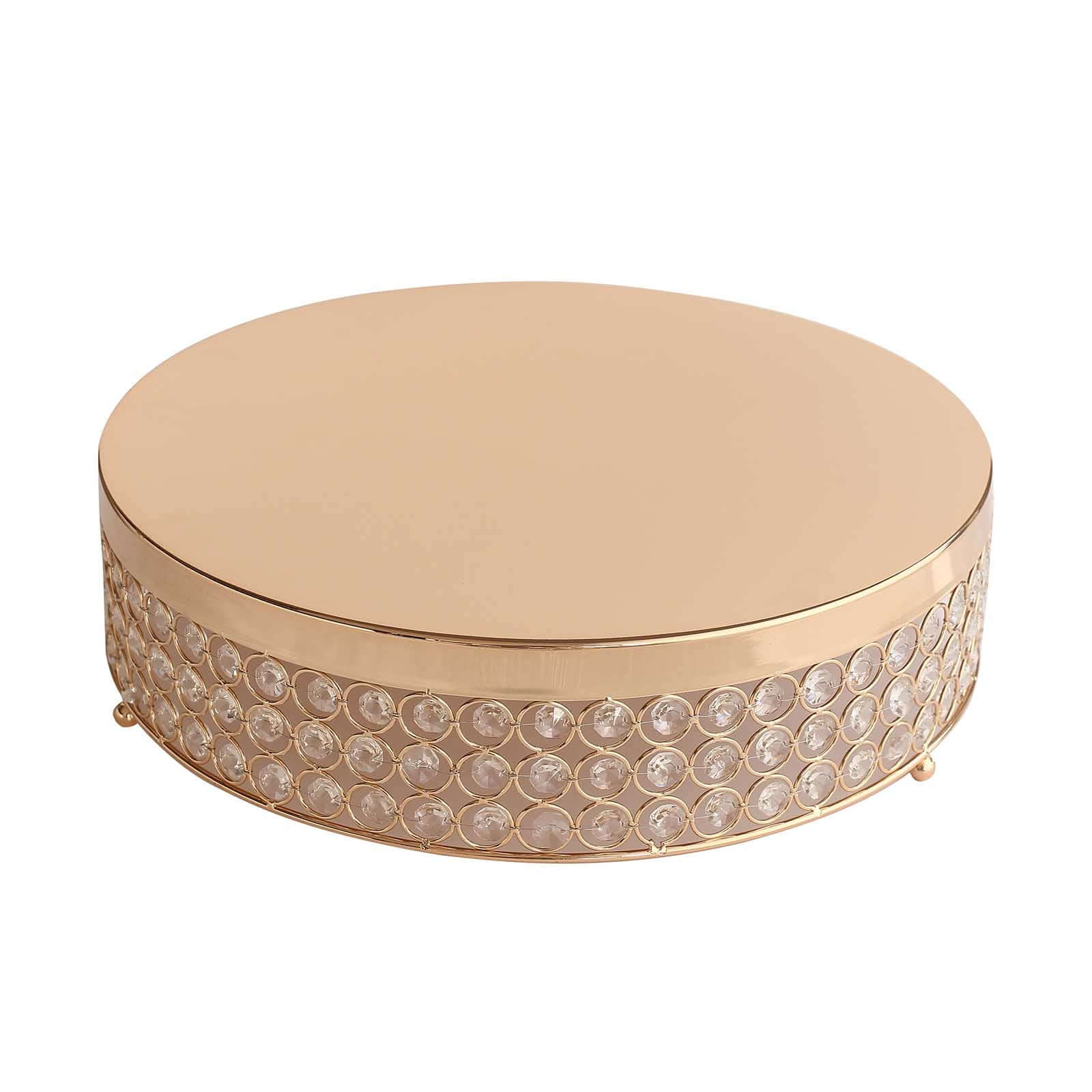Metal Cake Stand Pedestal Crystal Beaded Design Gold - Cupcake Display and Dessert Riser 16"