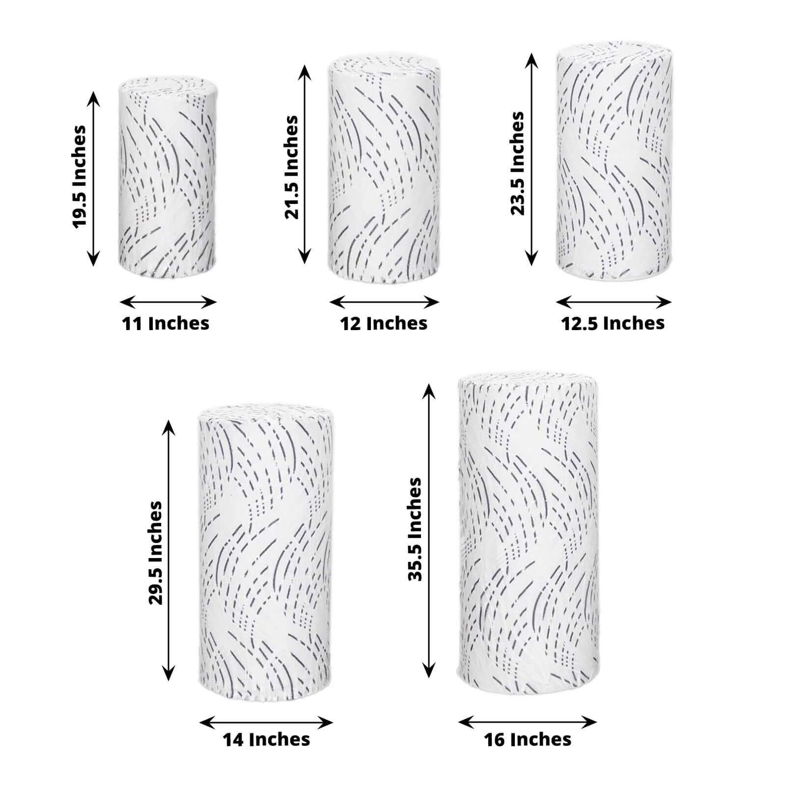 Set of 5 White Wave Mesh Cylinder Pedestal Stand Covers with Embroidered Sequins, Pillar Prop Covers - 160 GSM