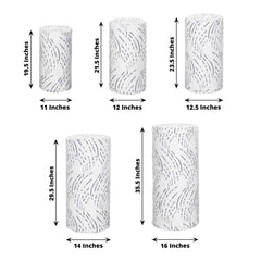 Set of 5 White Wave Mesh Cylinder Pedestal Stand Covers with Embroidered Sequins, Pillar Prop Covers - 160 GSM