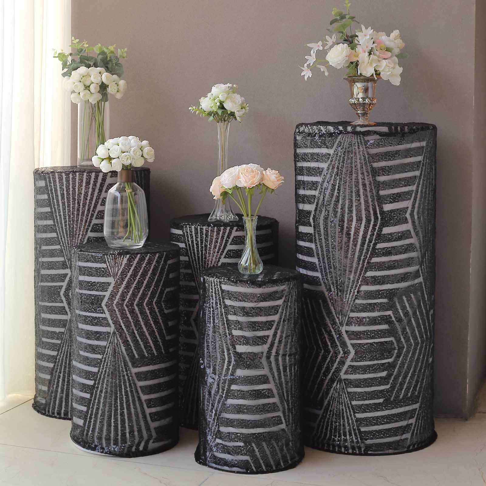 Set of 5 Black Sequin Mesh Cylinder Pedestal Stand Covers with Geometric Pattern Embroidery, Sparkly Sheer Tulle Pillar Prop Covers