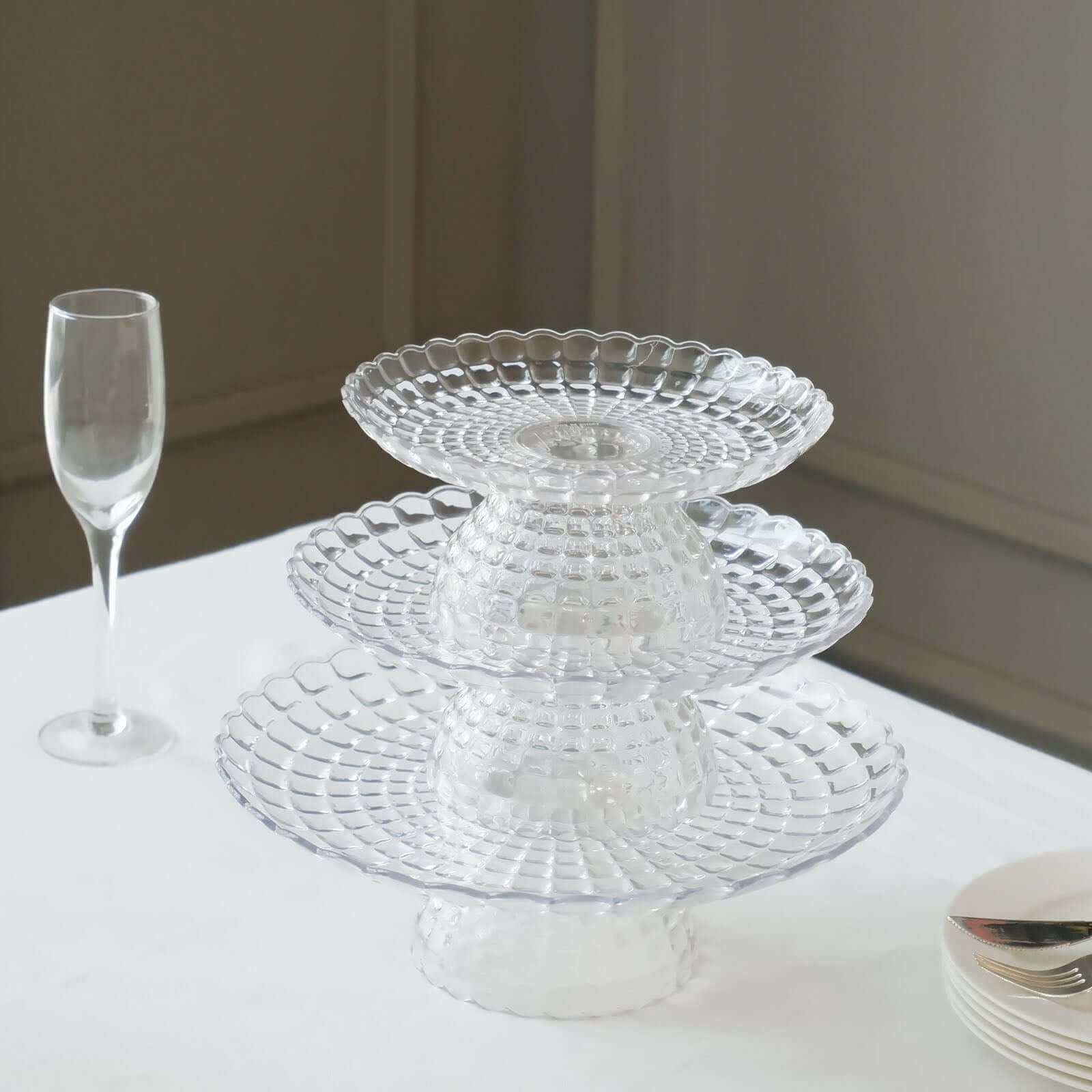 Set of 3 Plastic Cupcake Stands Clear Pressed Glass Pattern - Modern Stackable & Reusable Cake Dessert Pedestal Display Holders with Scalloped Edges 8", 10", 12"