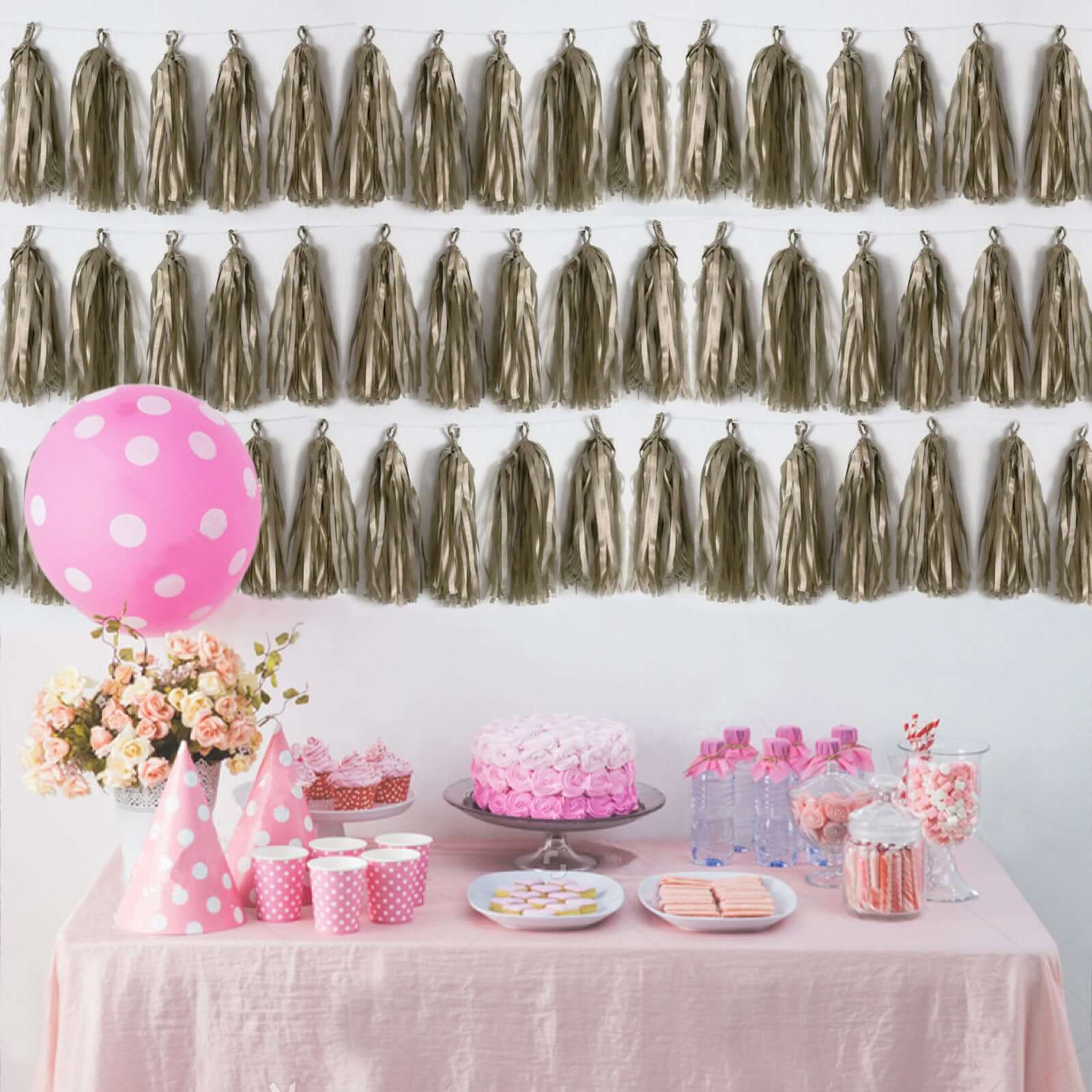 12 Pack Pre-Tied Antique Gold Paper Fringe Tassels With Garland String, Hanging Streamer Banner