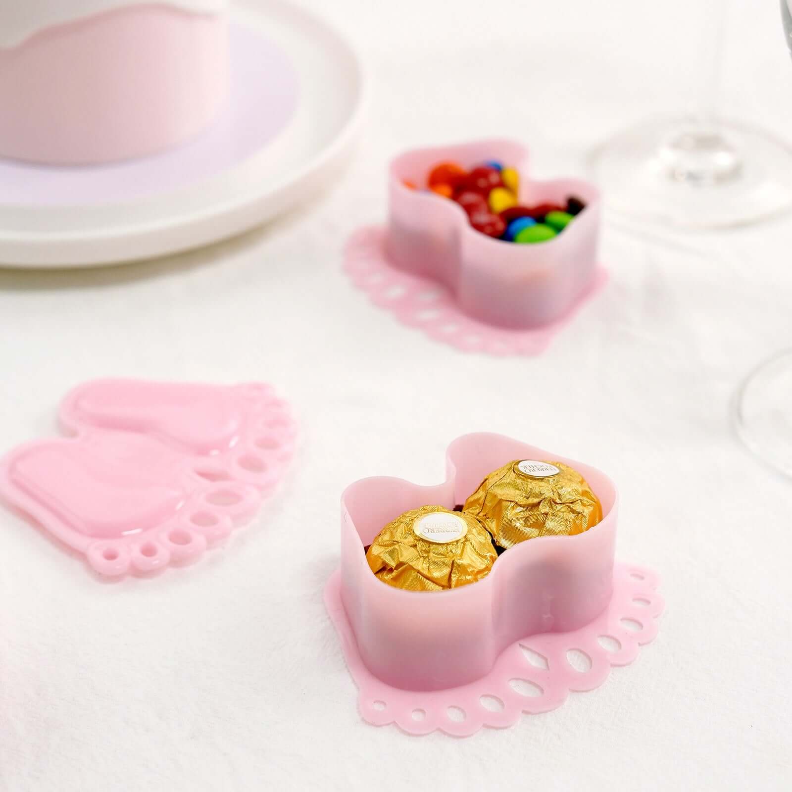 12-Pack Fillable Mini Candy Container in Baby Feet Style Clear/Pink - Unique Candy Treat Favor Boxes for Baby Shower 3.5"