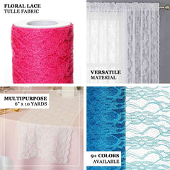 6"X10 Yards Fuchsia Floral Lace Shimmer Glitter Tulle Fabric Bolt