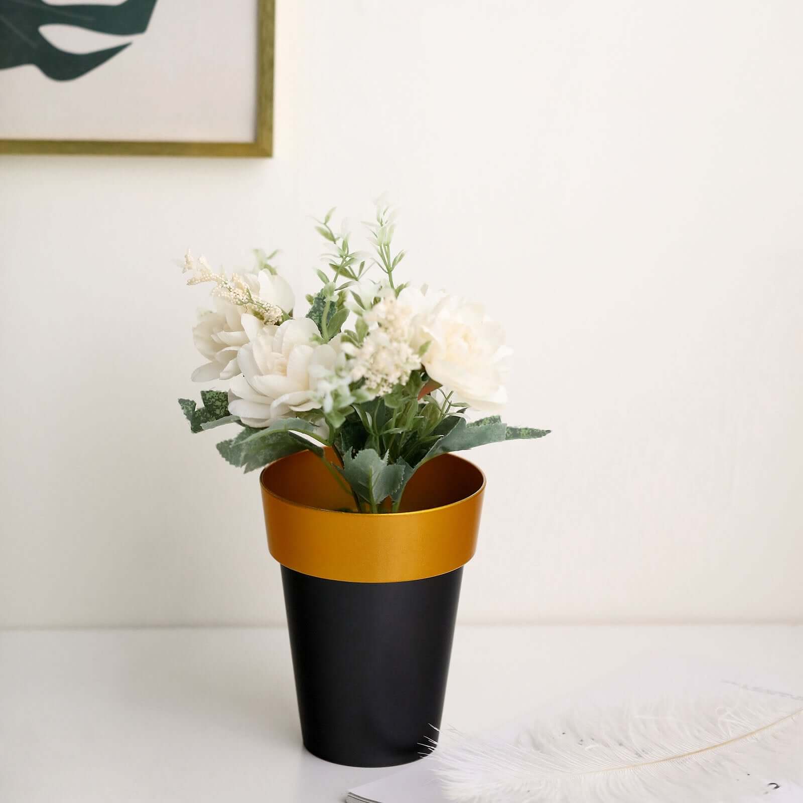 2-Pack Flower Plant Pots Medium Design Black with Gold Rim - Plastic Indoor Decorative Planters 6"