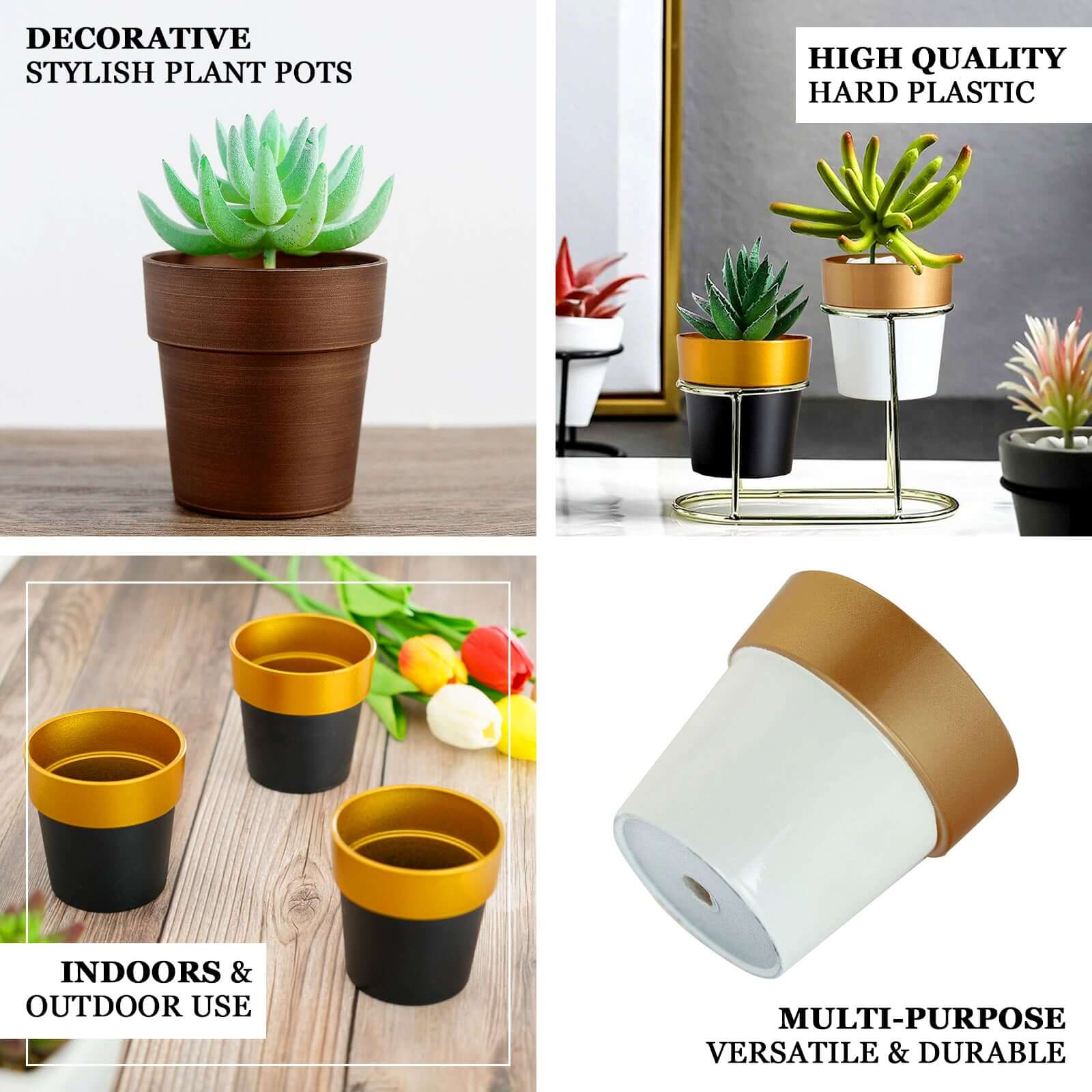 3-Pack Flower Plant Pots Small Design White with Gold Rim - Plastic Indoor Decorative Planters 3"