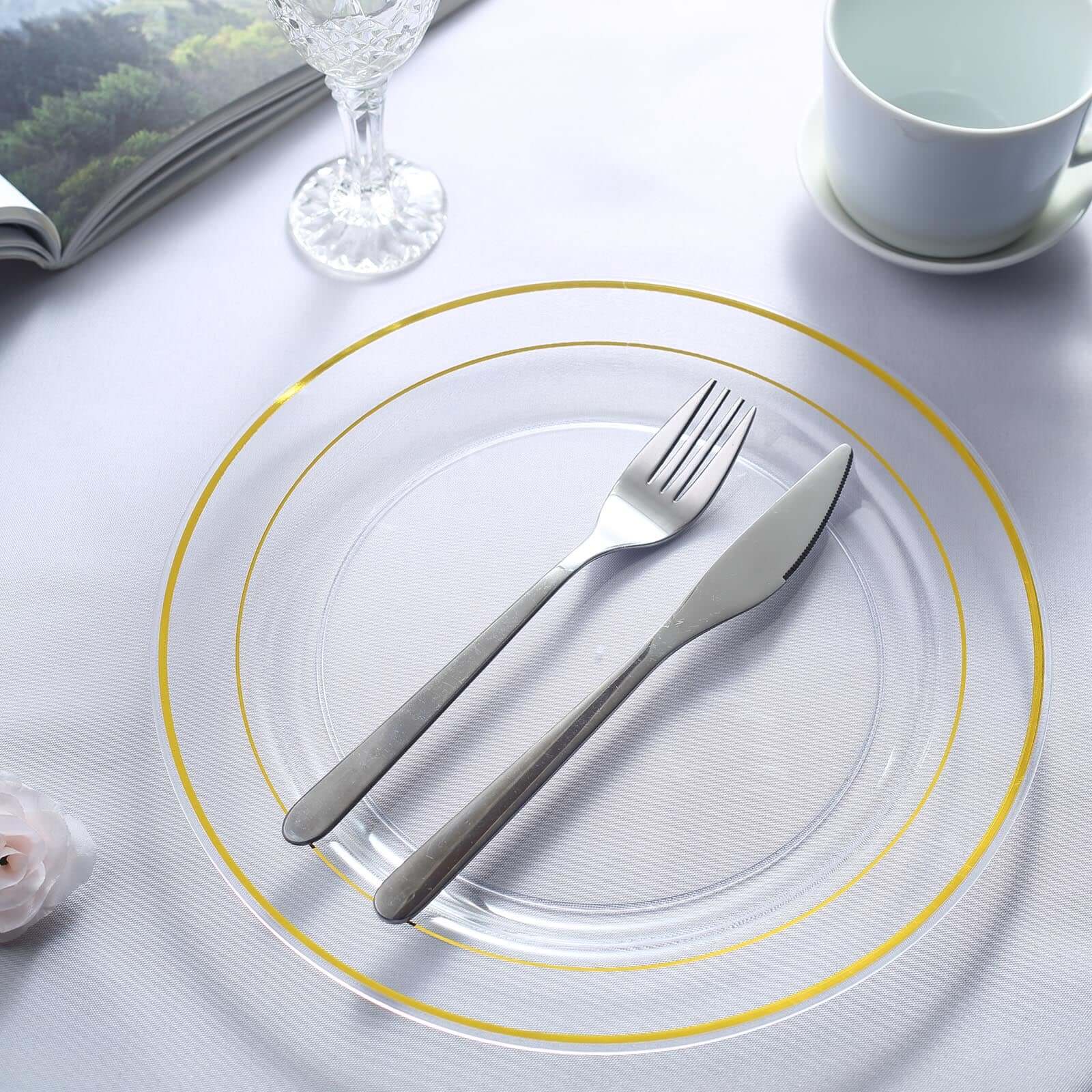 10-Pack Plastic Dinner Plates Clear with Très Chic Gold Rim - Perfect Disposable Party Plates 10"
