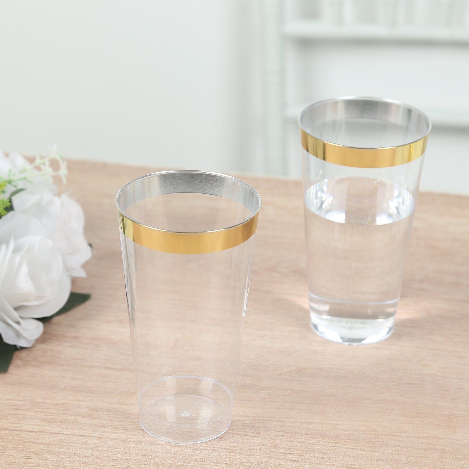12-Pack Plastic Party Cups Clear with Gold Rim - Durable Disposable Tumblers for Drinks 17oz 5.5"