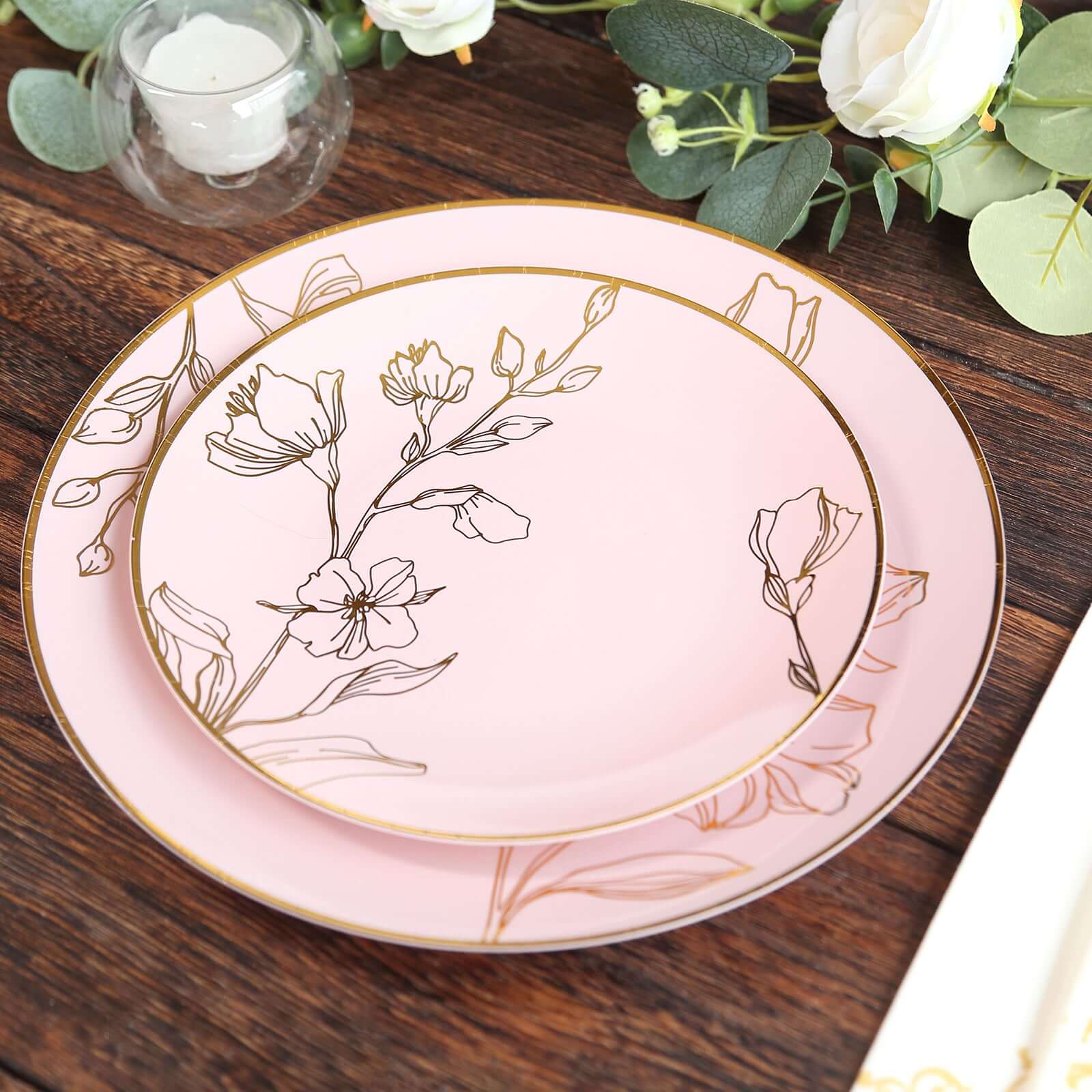 Set of 20 Plastic Round Dinner and Dessert Plates in Dusty Rose with Metallic Gold Floral Design - Stylish Disposable Dinnerware 8", 10"