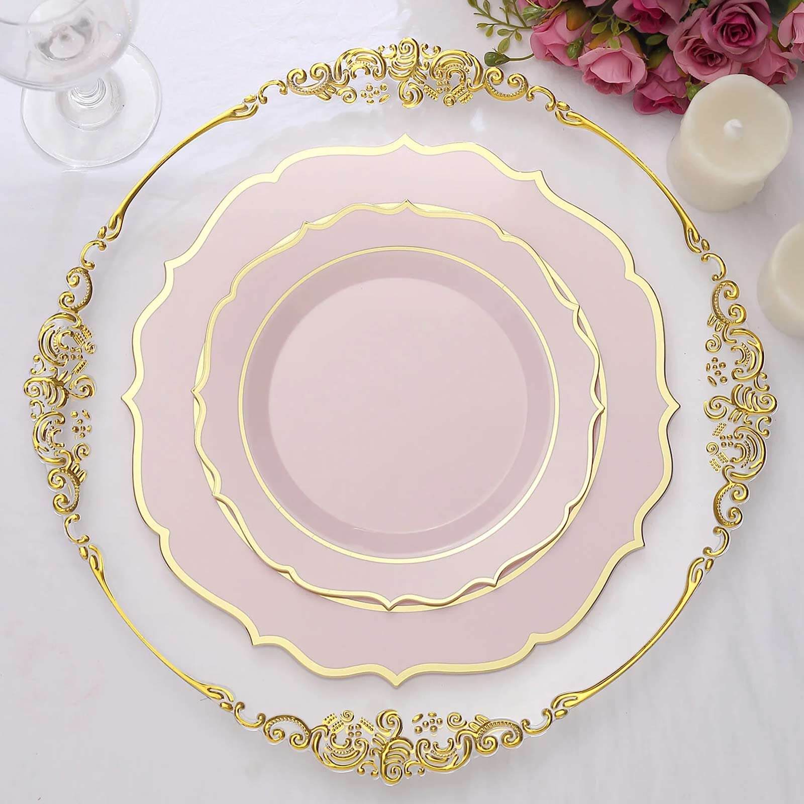 10-Pack Plastic 8" Round Desert Plates in Blush with Gold Scalloped Rim - Disposable Appetizer/Salad Plates