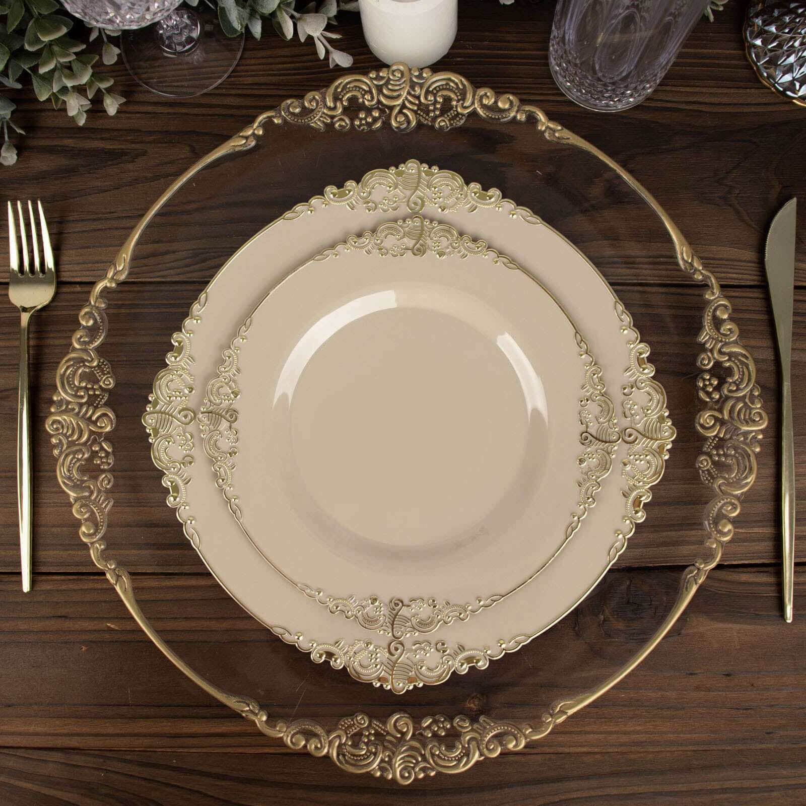 10-Pack Plastic 8" Round Dessert Plates in Taupe with Gold Leaf Embossed Rim - Disposable Vintage Baroque Style Salad Plates