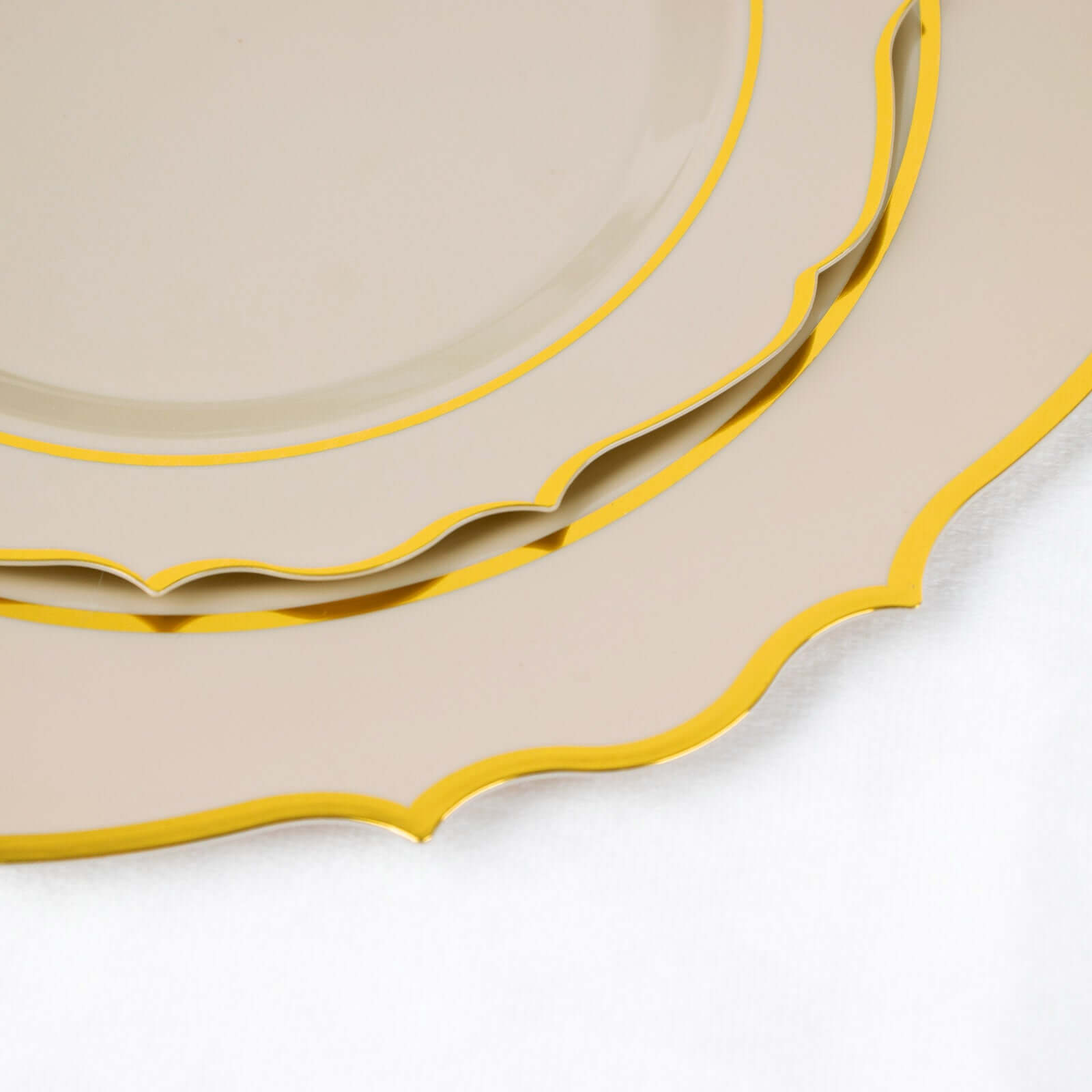 10-Pack Plastic 8" Round Desert Plates in Taupe with Gold Scalloped Rim - Disposable Appetizer/Salad Plates