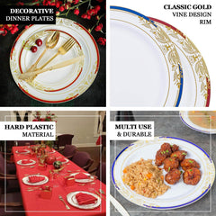 10-Pack Plastic 8" Round Dessert Plates in White with Hunter Emerald Green Rim - Stylish Gold Vine Design Disposable Salad/Appetizer Plates for Special Occasions & Celebrations