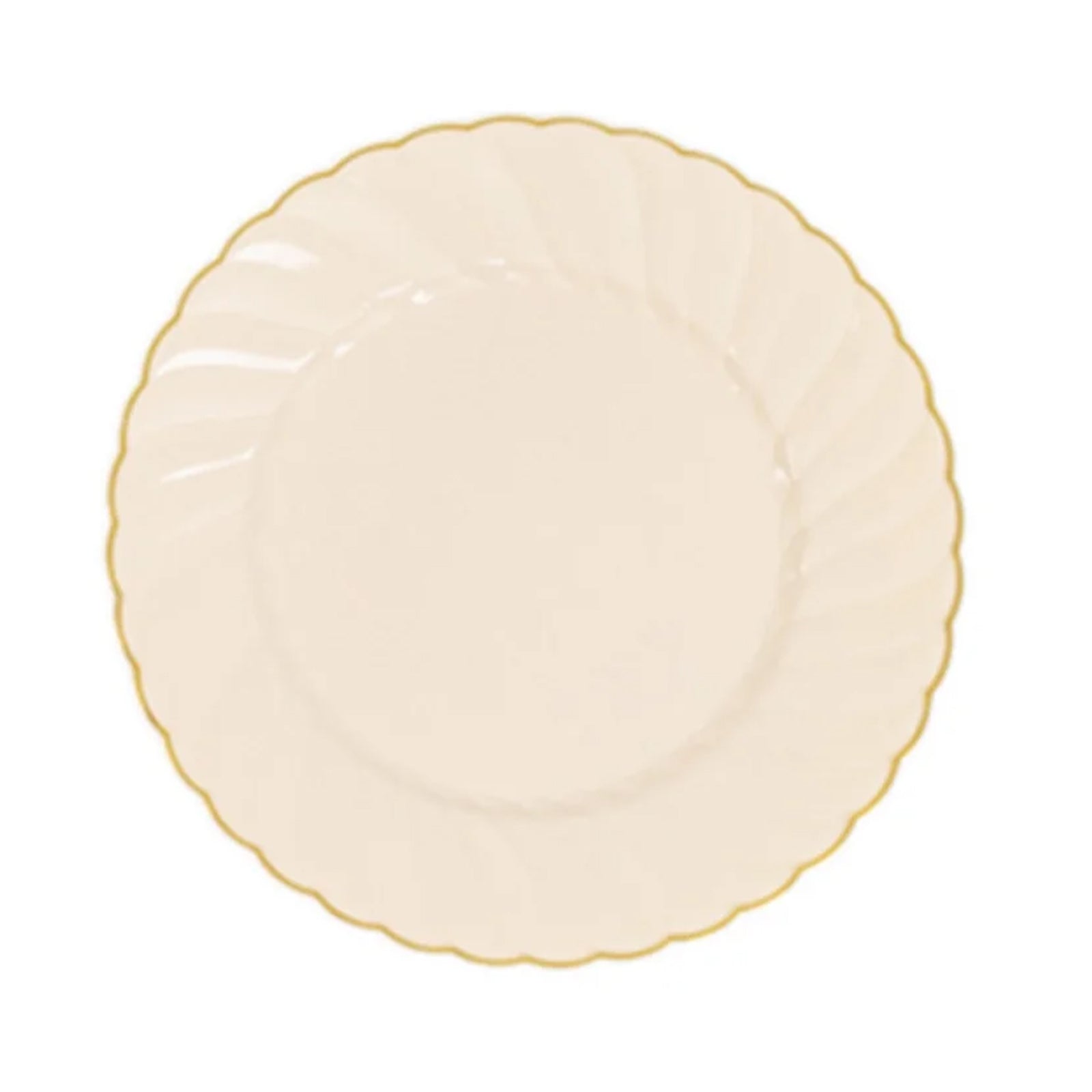 10-Pack Plastic 7.5" Round Salad Dessert Plates in Ivory with Gold Flair Rim - Disposable Party Plates