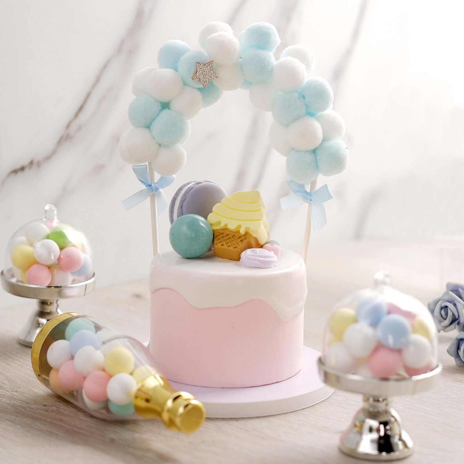 Cotton Ball Arch Cake Topper Blue/White - Charming Mini Cake Decoration Supplies for Nautical Sky & Baby-Themed Events 6"x11"