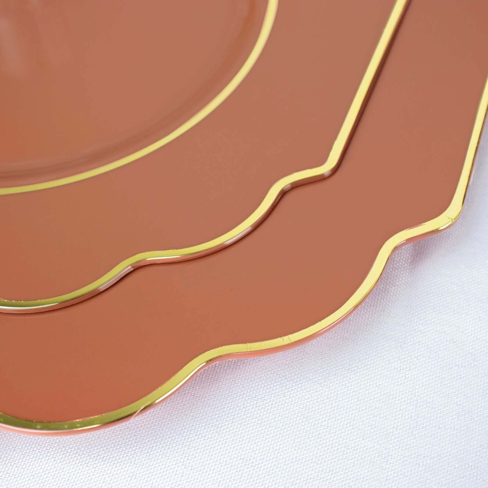 10-Pack Plastic Dessert Appetizer Plates in Terracotta (Rust) Baroque Design with Scalloped Gold Rim - Heavy Duty Disposable Salad Plates 8"