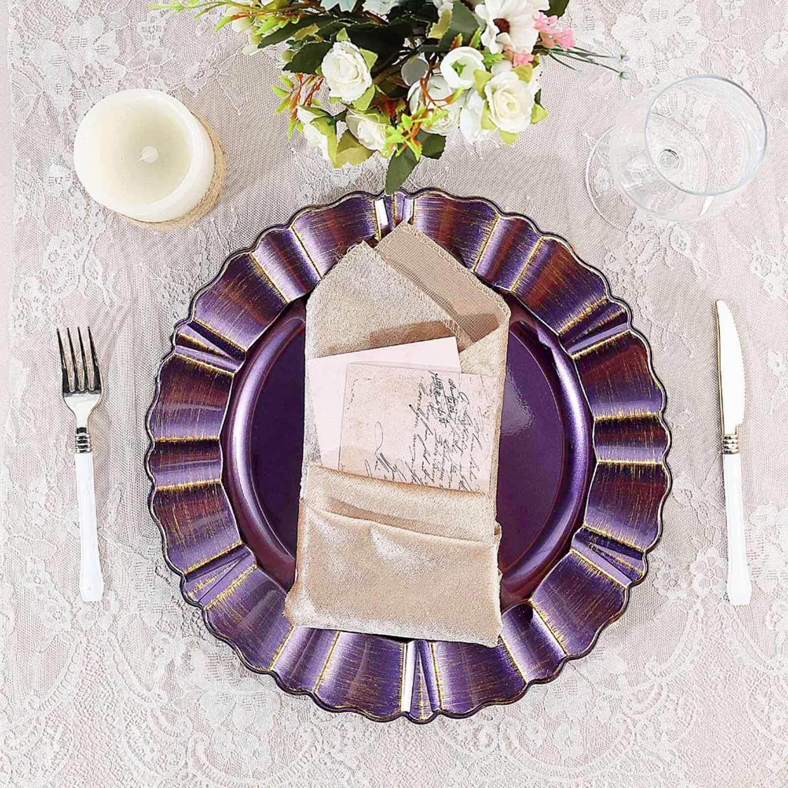 6-Pack Acrylic Plastic Round Charger Plates 13" in Purple with Gold Brushed Wavy Scalloped Rim, Decorative Dinner Party Charger Tableware
