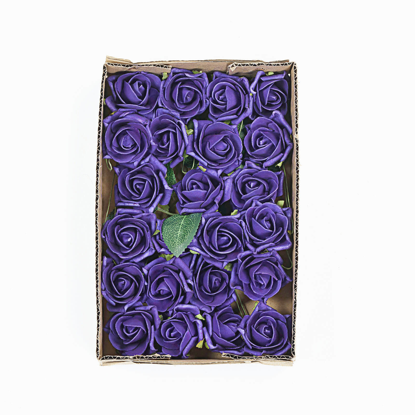 24 Roses 2" Purple Artificial Foam Flowers With Stem Wire and Leaves