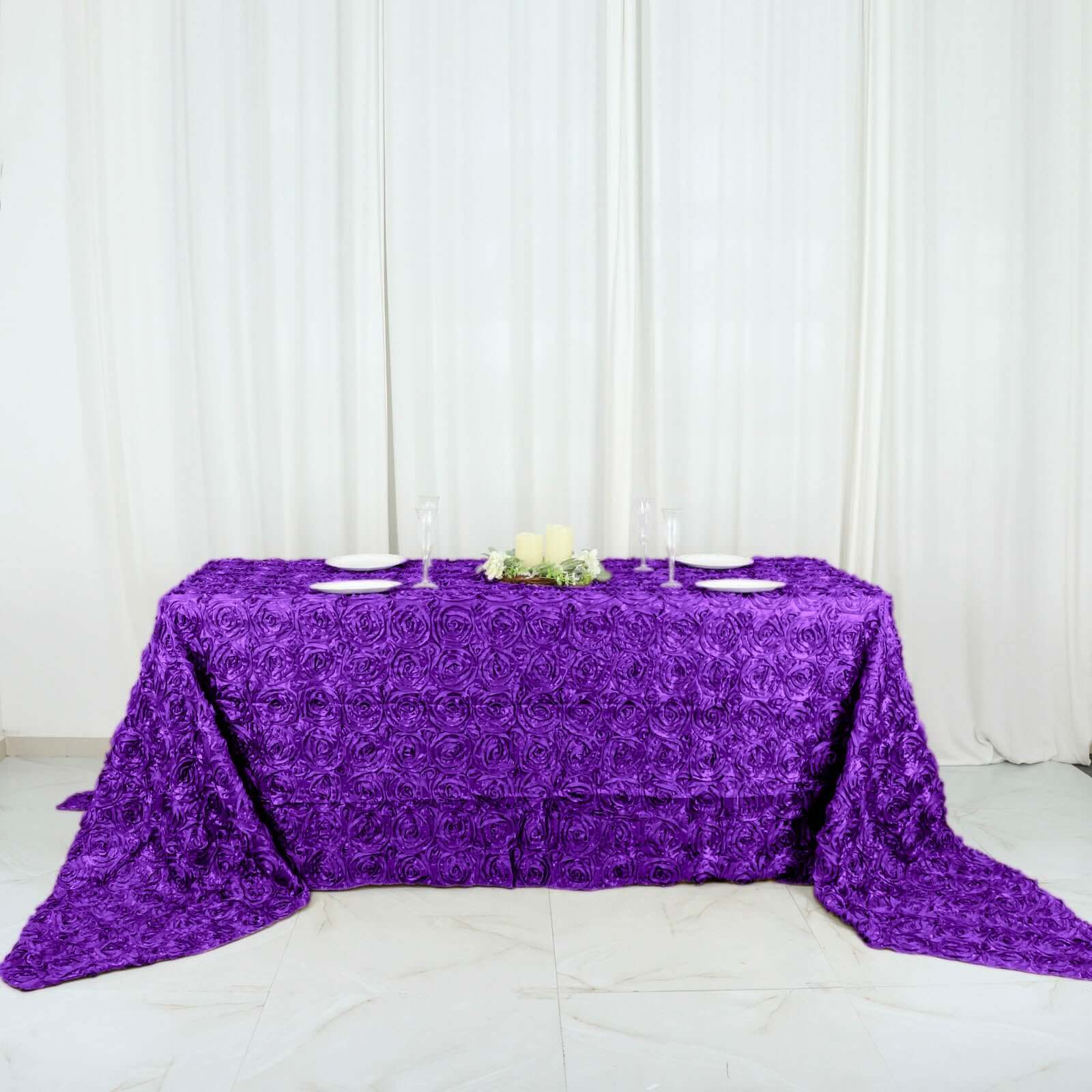 Satin 90"x156" Rectangle Tablecloth Purple - Grandiose 3D Rosette Table Cover with Seamless Finish
