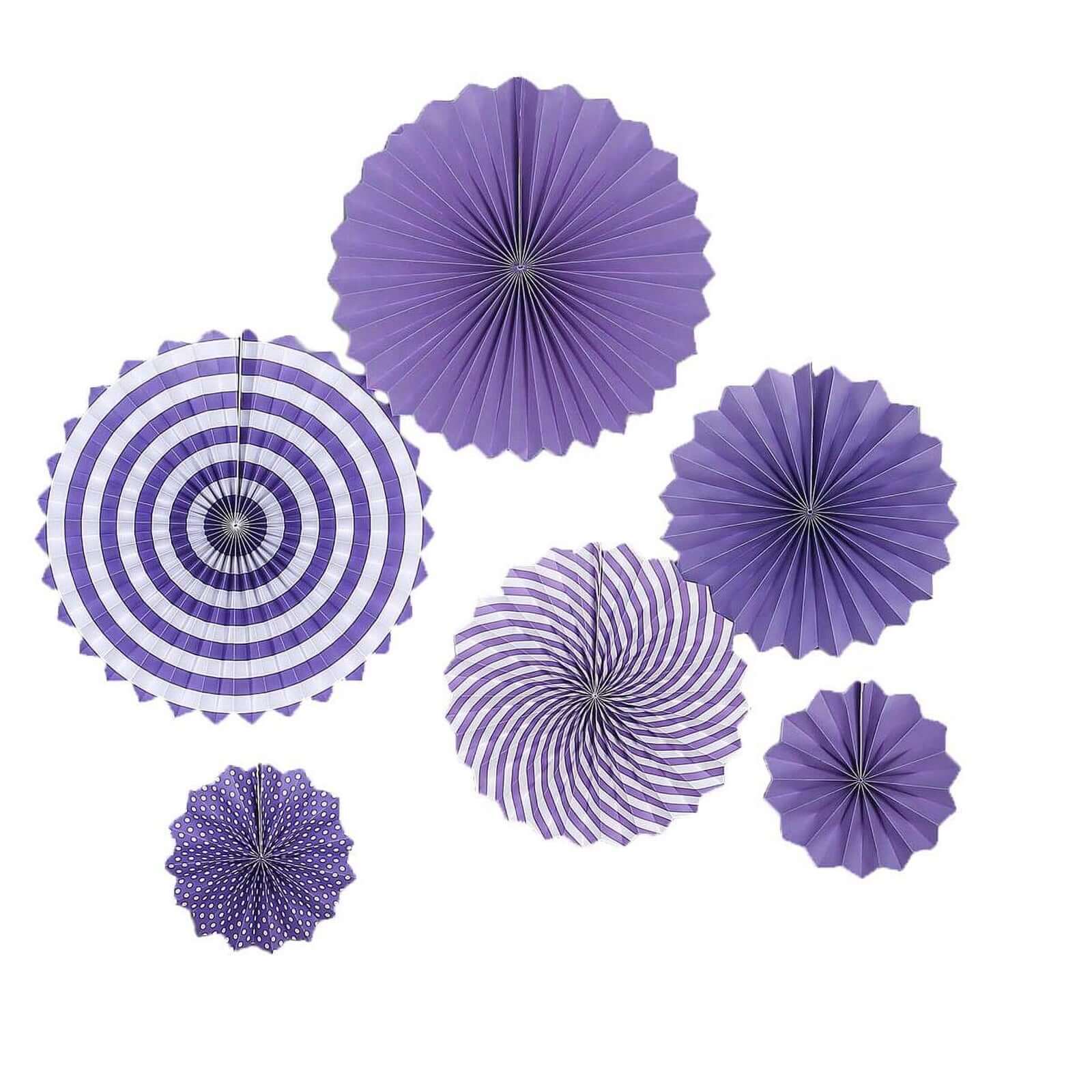 Set of 6 Purple Hanging Paper Fan Decorations, Pinwheel Wall Backdrop Party Kit - 8", 12", 16"