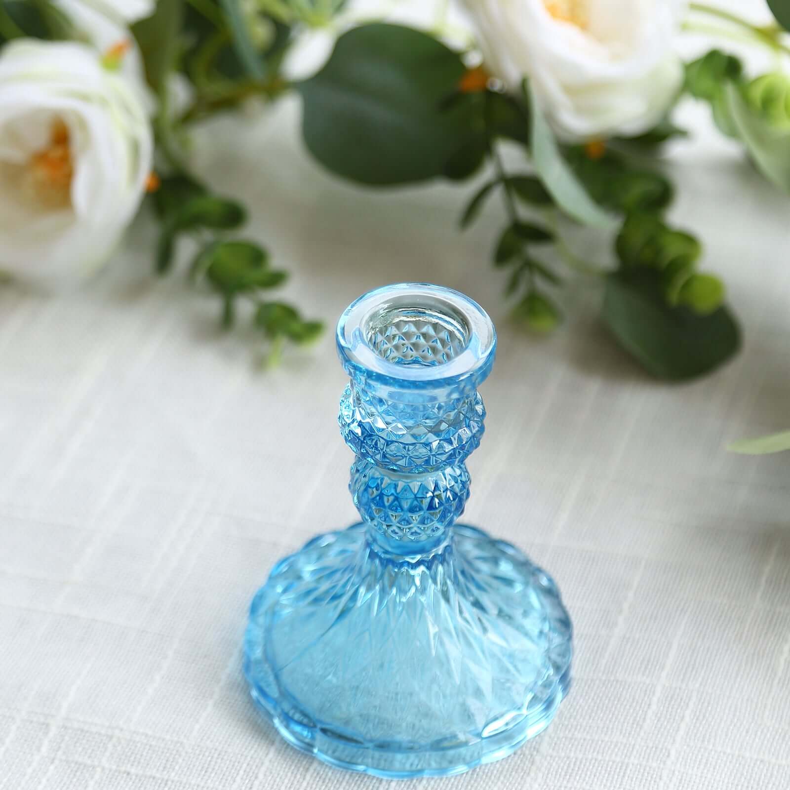 6-Pack Glass Taper Candlestick Holders Diamond Pattern Design Assorted Blue - Reversible Crystal Pillar Votive Stands 4"