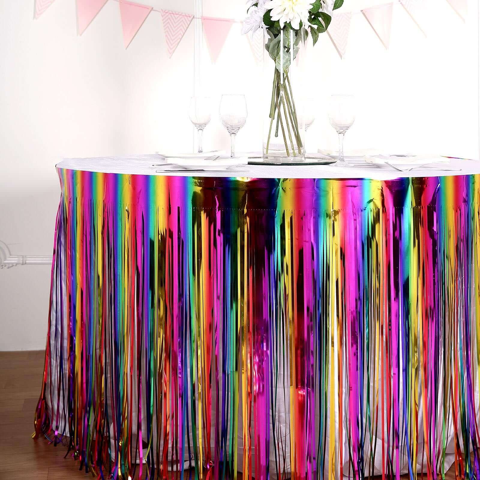 Metallic Foil Fringe Table Skirt Rainbow with Self Adhesive Backing - Durable Tinsel Skirt for Parties 30"x9ft