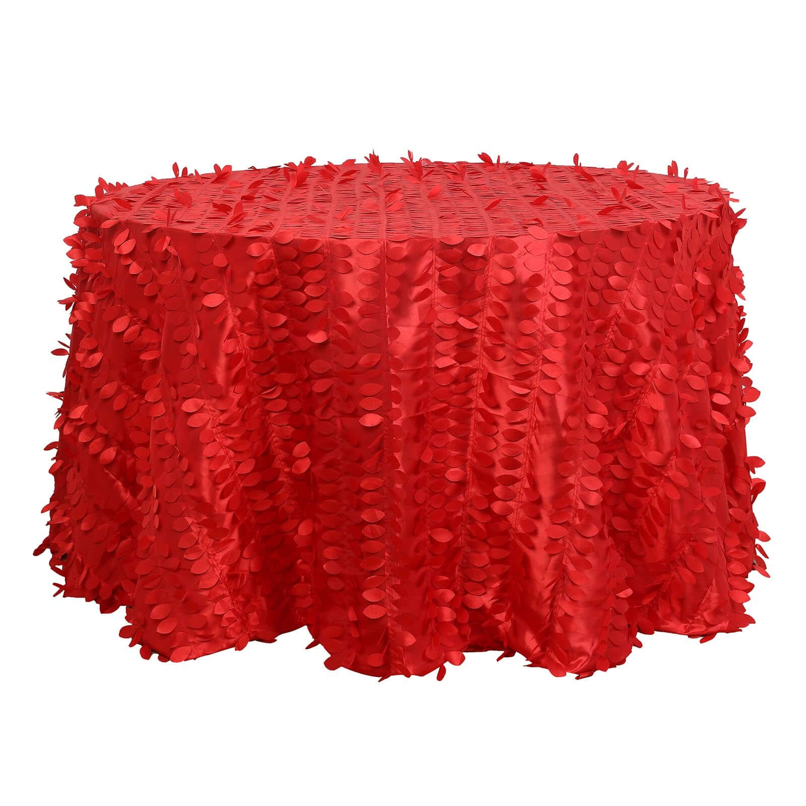 120" Red 3D Leaf Petal Taffeta Fabric Seamless Round Tablecloth for 5 Foot Table With Floor-Length Drop