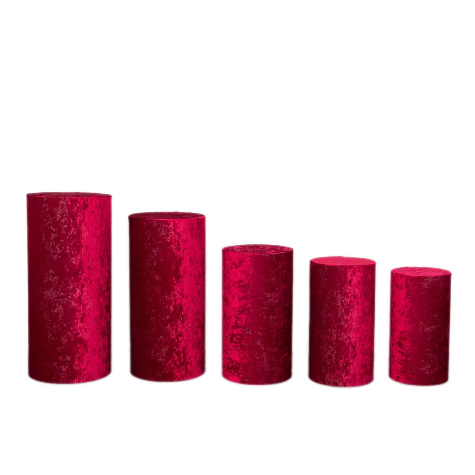 Set of 5 Red Crushed Velvet Cylinder Pedestal Stand Covers, Premium Pillar Prop Covers