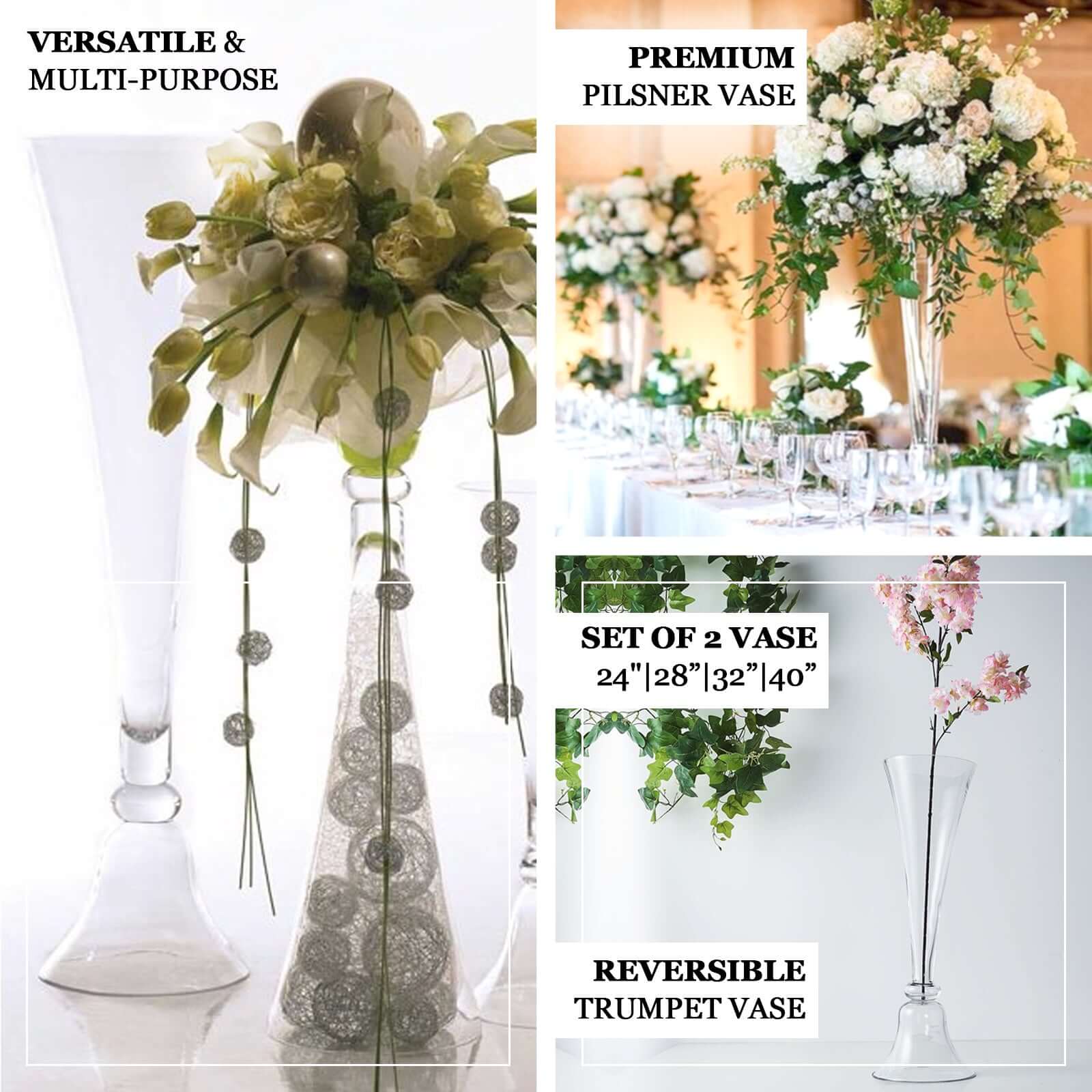 Glass Trumpet Floor Vase Reversible Clarinet Style Clear - Decorative Flower Centerpiece for Events 40"