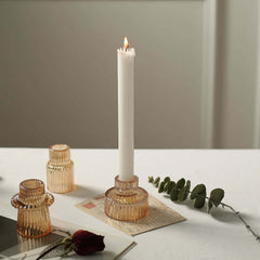 Set of 6 Glass Taper Candle Holders Ribbed Crystal Design Amber Gold - Reversible Mini Votive Tealight Stands 3"
