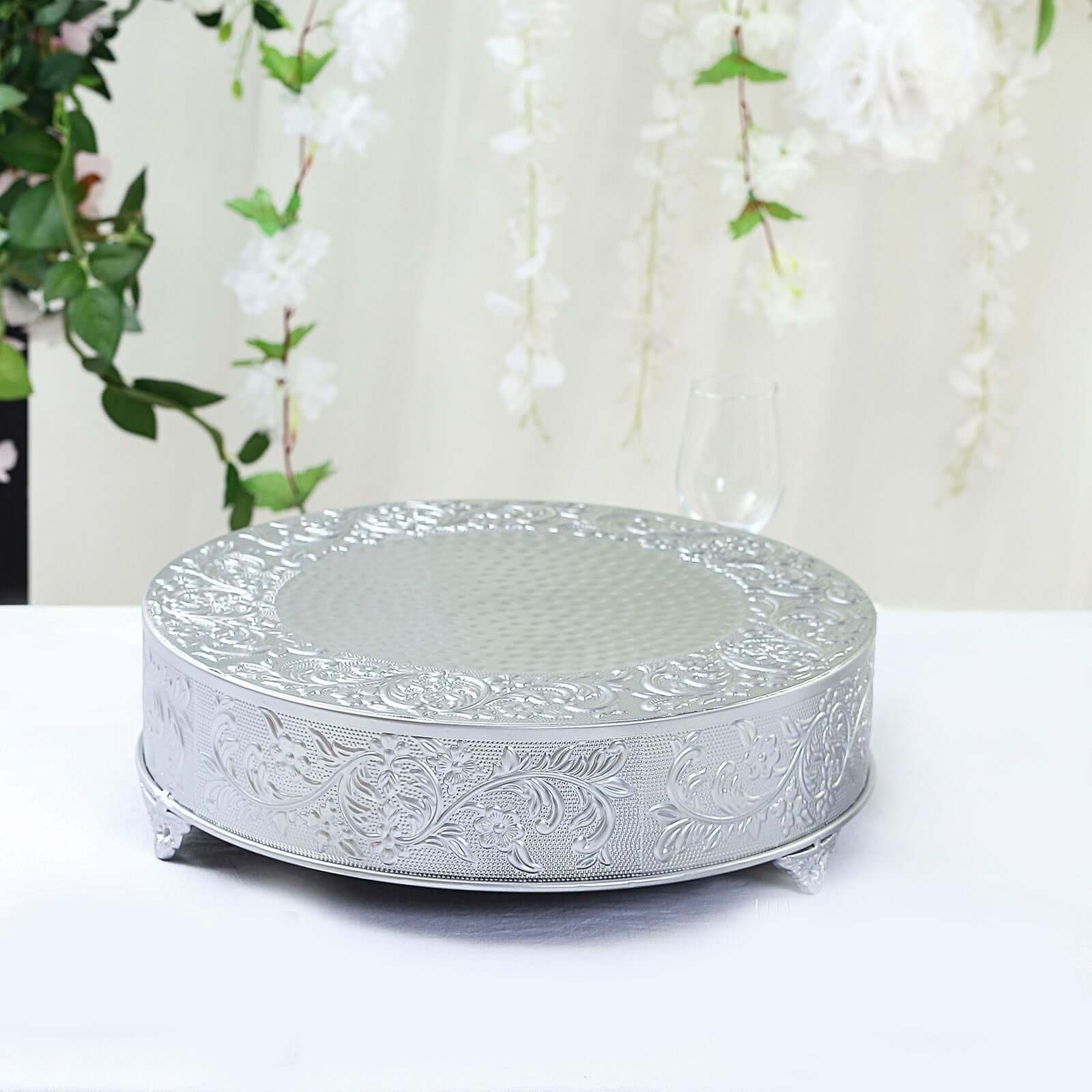 Metal 18" Round Cake Pedestal Stand Matte Silver - Cupcake Dessert Display Riser with Intricate Embossed Design for Upscale Events & Gatherings