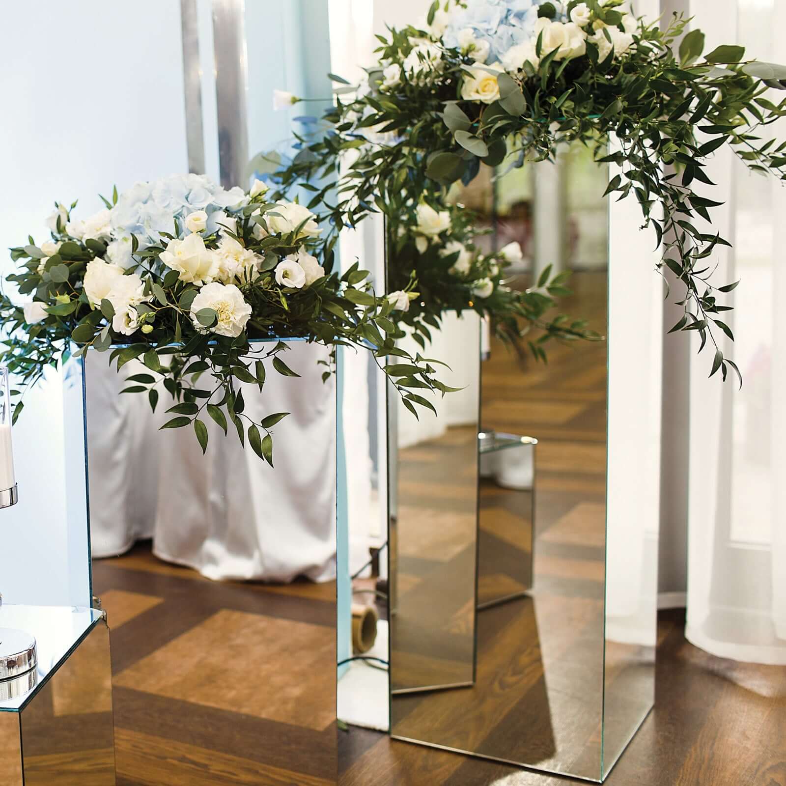 40" Floor Standing Silver Mirror Finish Acrylic Display Box, Pedestal Riser with Interchangeable Lid and Base