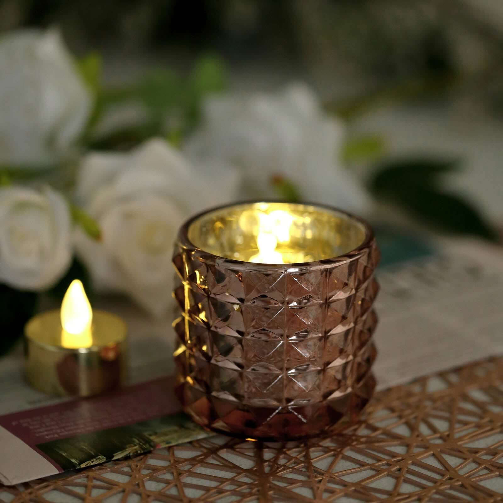 6-Pack Mercury Glass Votive Holders Studded Faceted Design Rose Gold - Tealight Candle Holders 3"