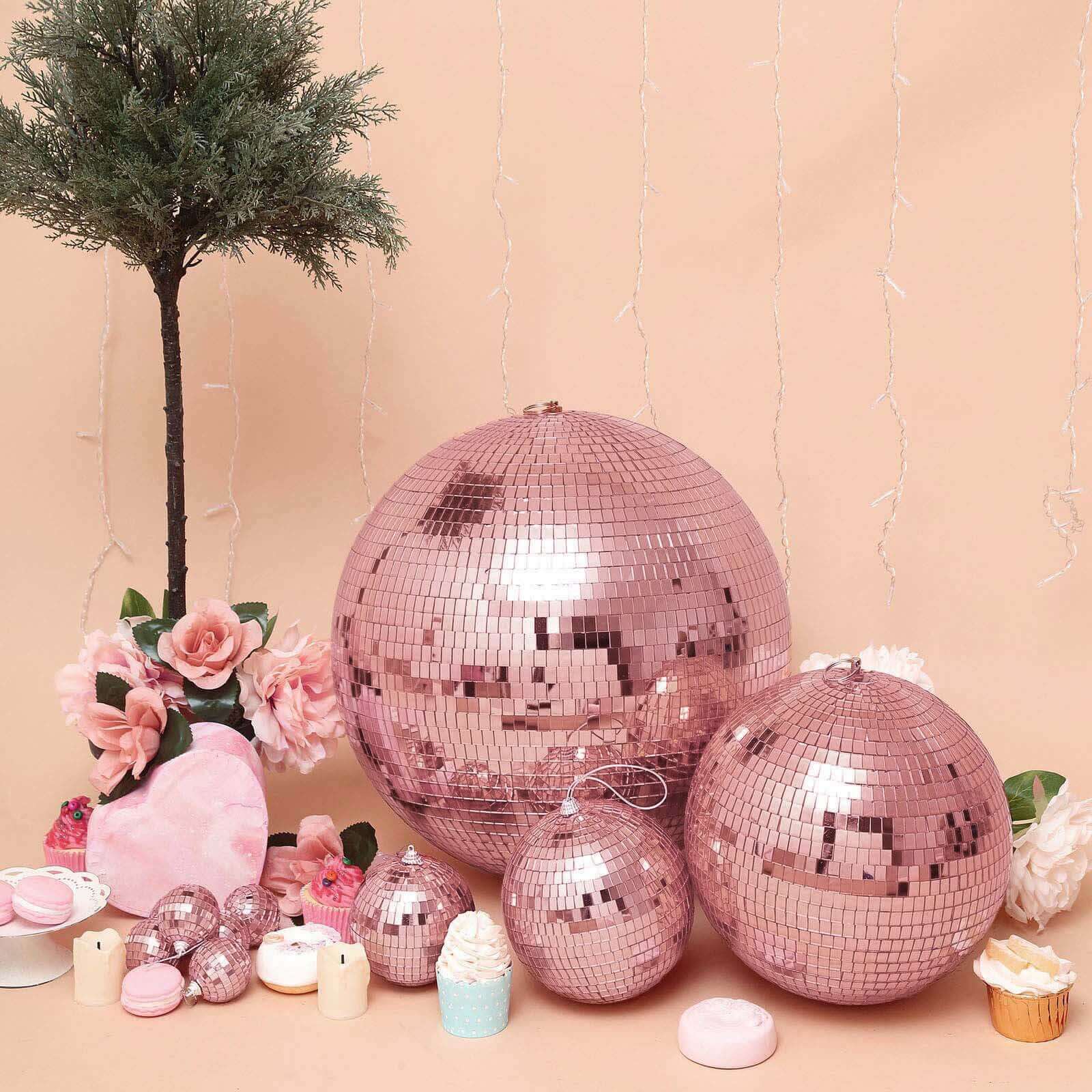 4 Pack 4" Rose Gold Foam Disco Mirror Ball With Hanging Strings, Holiday Christmas Ornaments