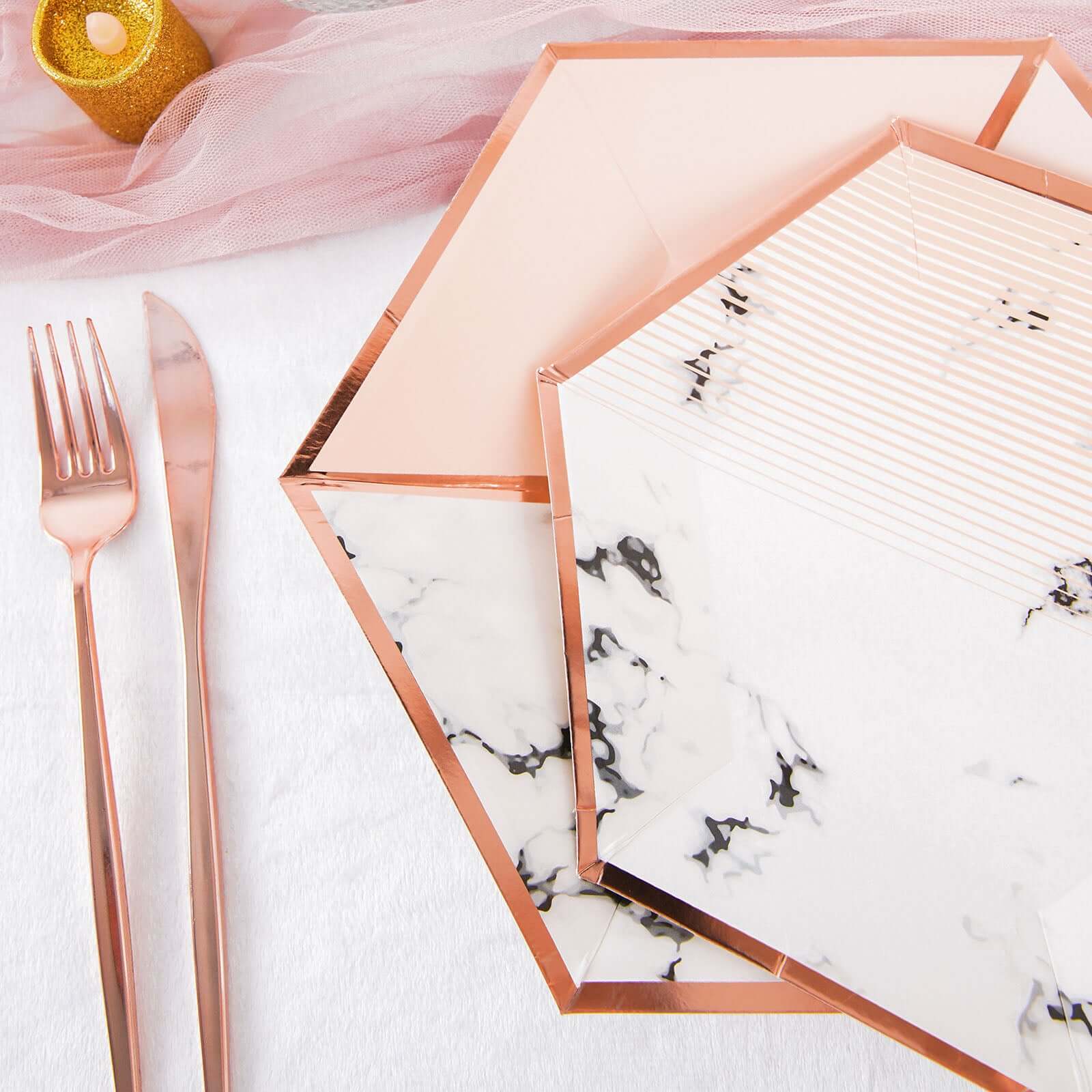50-Pack Paper Hexagon Dinner and Dessert Plates in Blush with Marble Design & Rose Gold Foil Rim - Chic Disposable Geometric Party Plates Set for 25 Guests 8", 10"