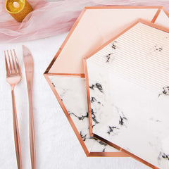 50-Pack Paper Hexagon Dinner and Dessert Plates in Blush with Marble Design & Rose Gold Foil Rim - Chic Disposable Geometric Party Plates Set for 25 Guests 8", 10"