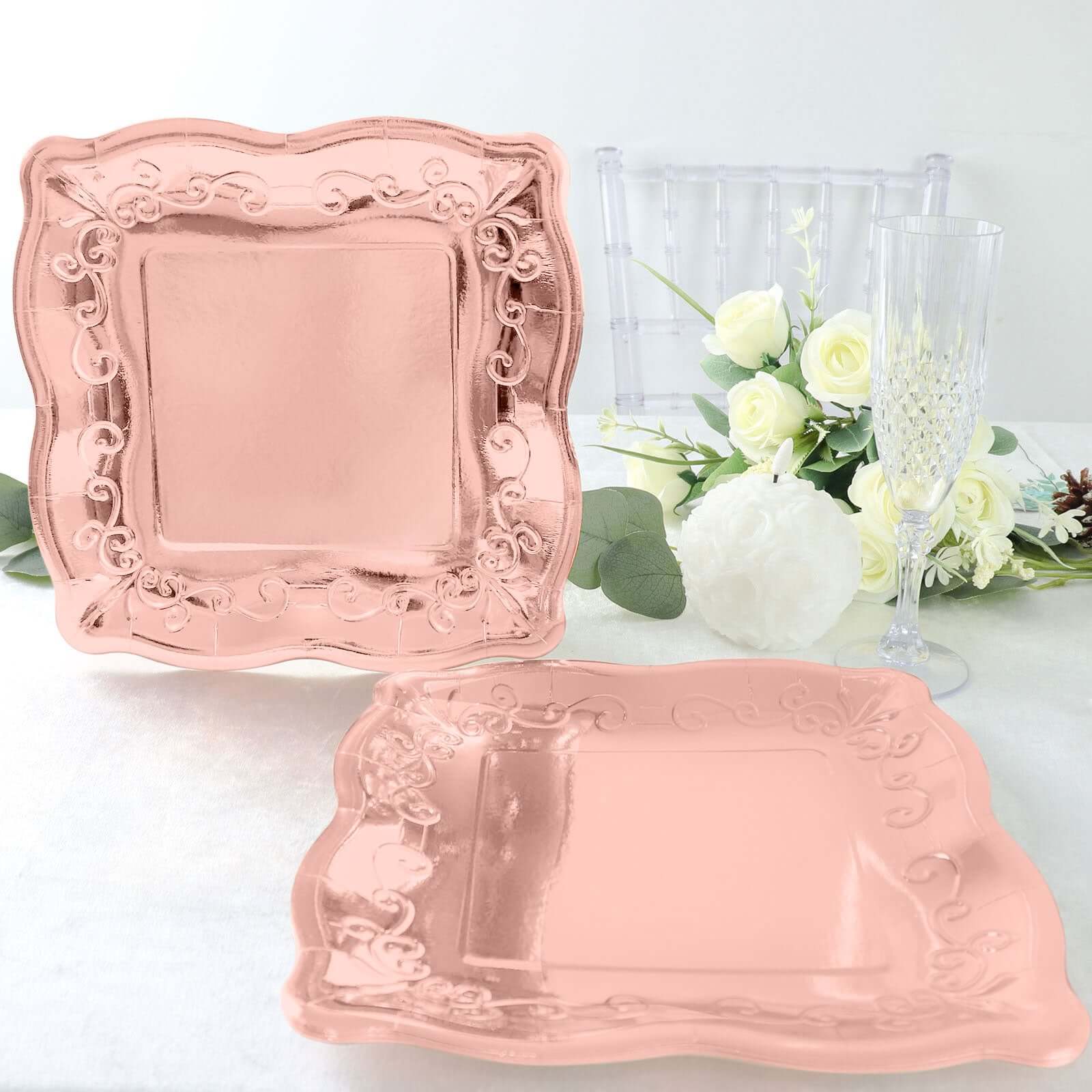 25-Pack Paper 11" Square Dinner Plates in Blush Rose Gold with Vintage Pottery Embossed Design - Shiny Metallic Disposable Serving Plates