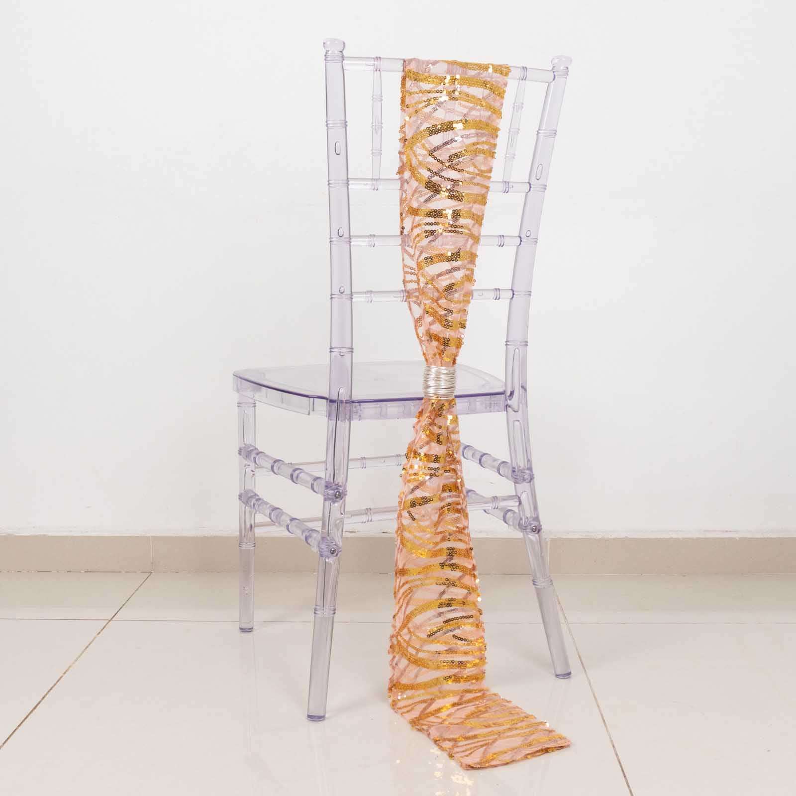 5 Pack Chair Sashes with Wave Embroidered Sequins Rose Gold/Gold 6"x88"