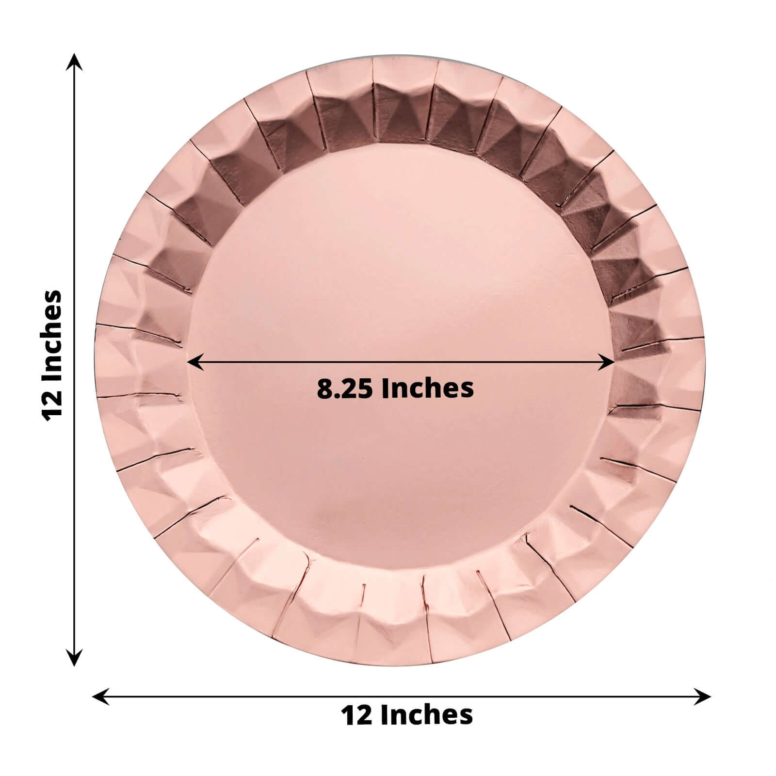 25-Pack Paper 12" Round Charger Plates in Metallic Rose Gold with Geometric Prism Design - Disposable 400GSM Serving Trays