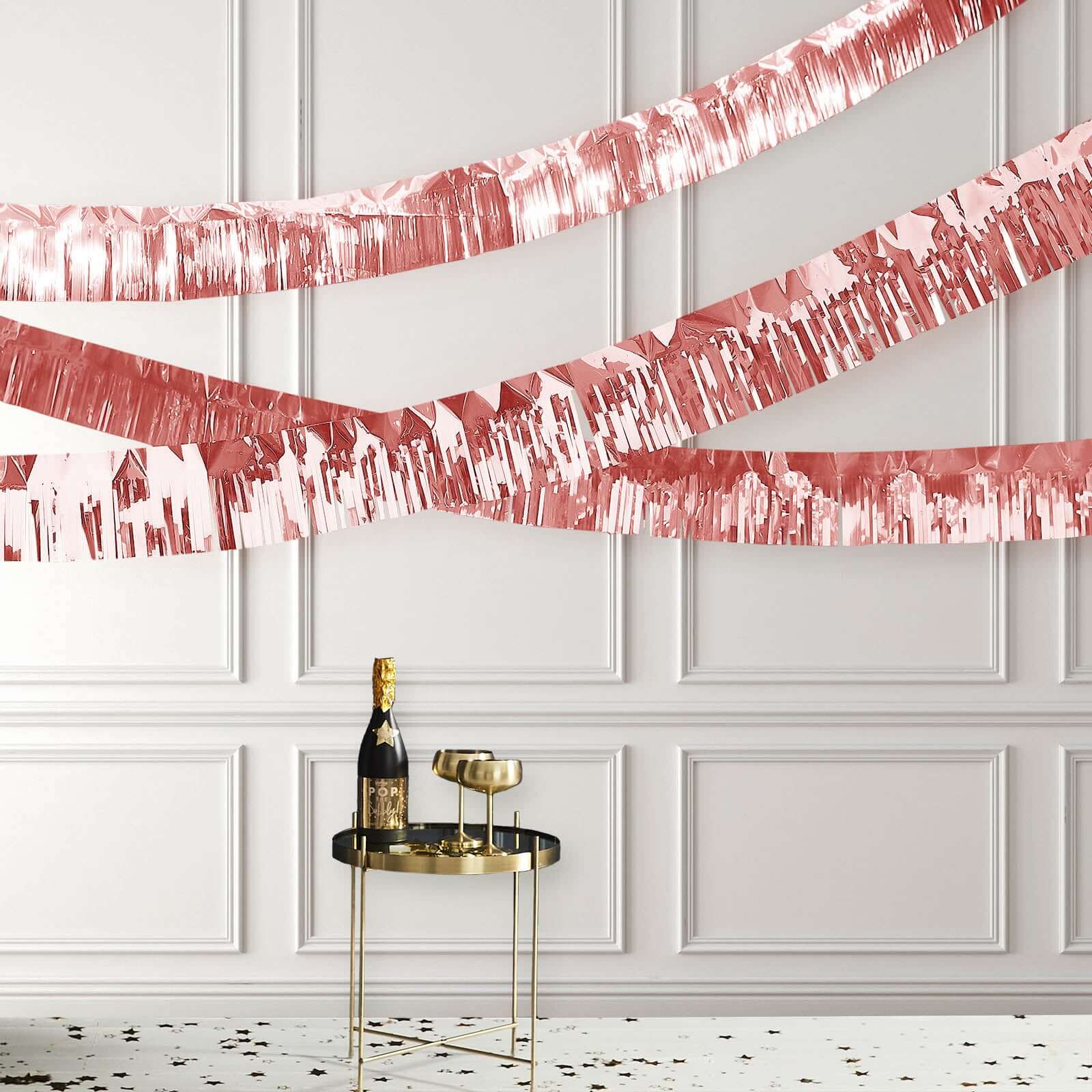 16ft Metallic Rose Gold Foil Tassel Fringe Backdrop Banner, Tinsel Garland Decor