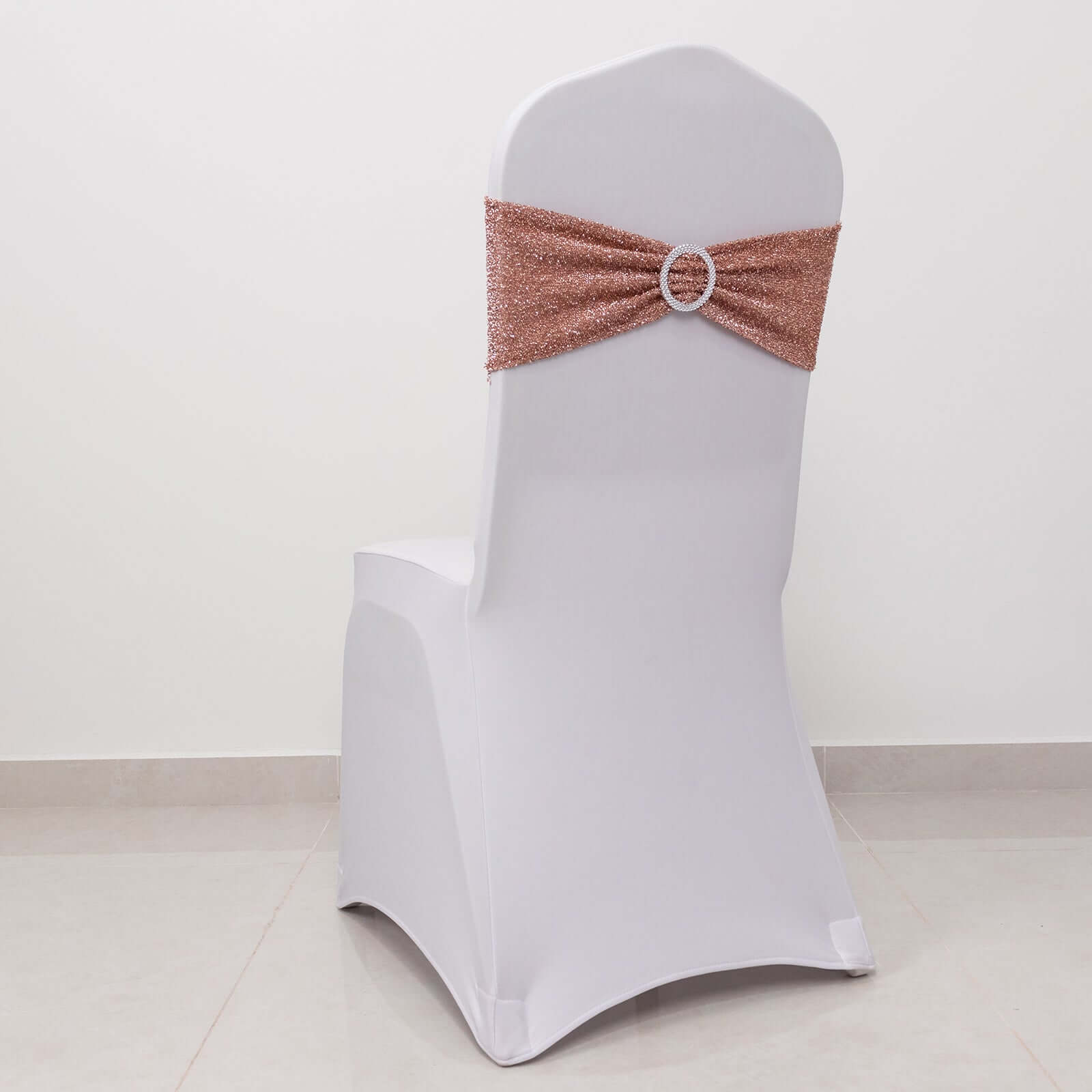 5 Pack Chair Sashes Shimmer Tinsel Spandex 5"x12" with Silver Rhinestone Buckles Rose Gold