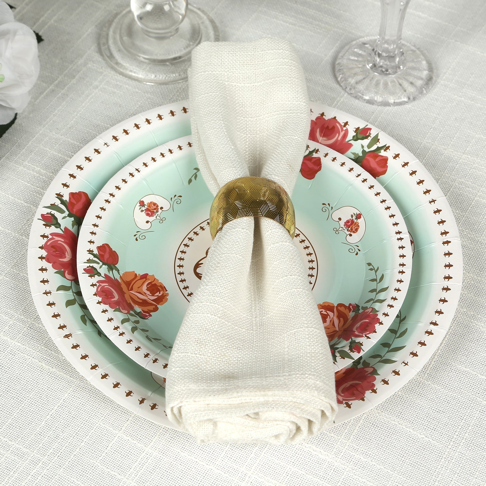 25-Pack Paper 7" Round Dessert Plates in Turquoise with Vintage Rose Flower Print - Disposable Appetizer Salad Plates